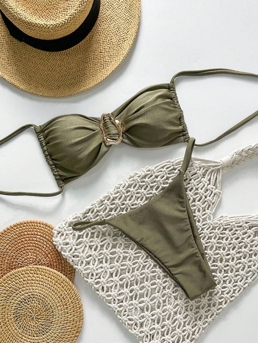 Pembe Straplez Bağcıklı Metal Detaylı Bikini Takımı