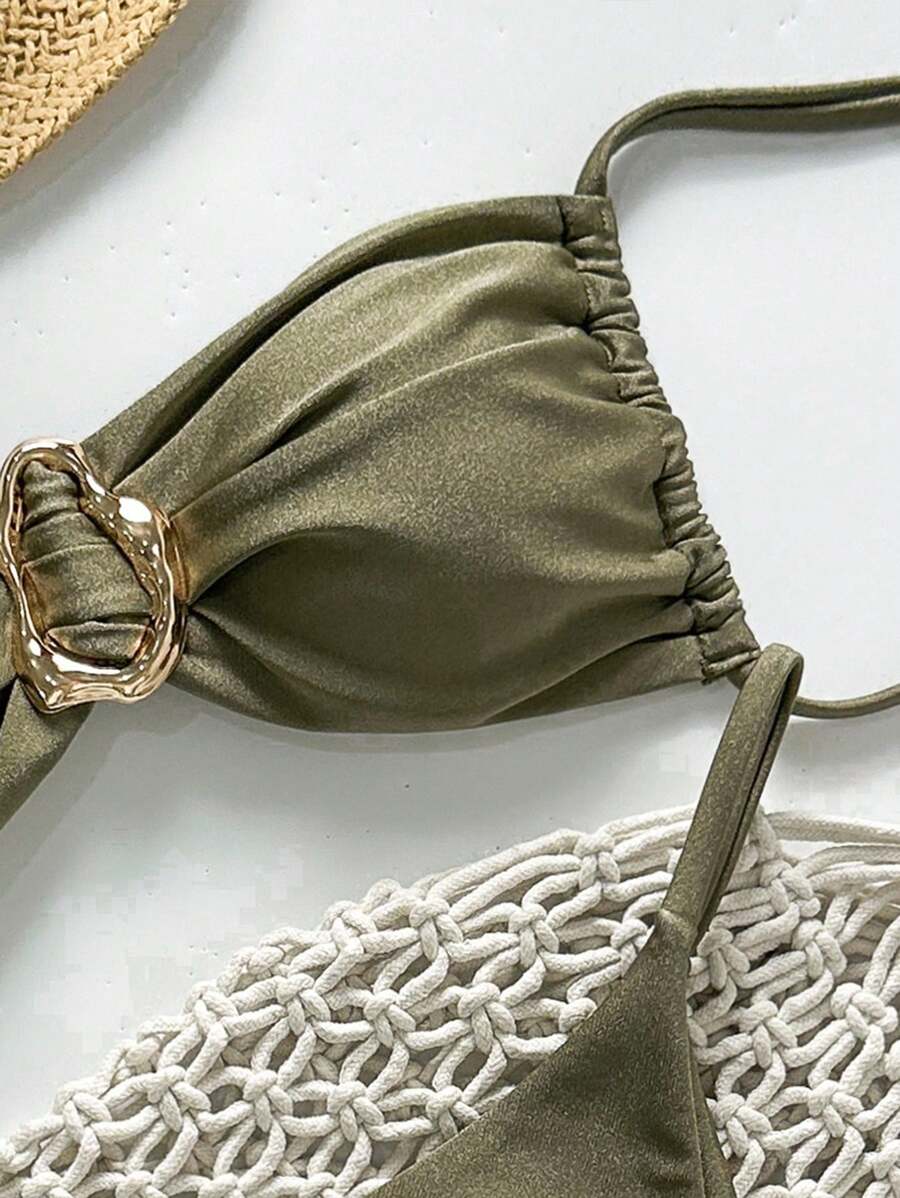 Pembe Straplez Bağcıklı Metal Detaylı Bikini Takımı
