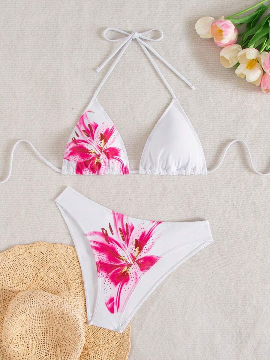 Çiçek Desenli Halter Bağcıklı Bikini Takımı