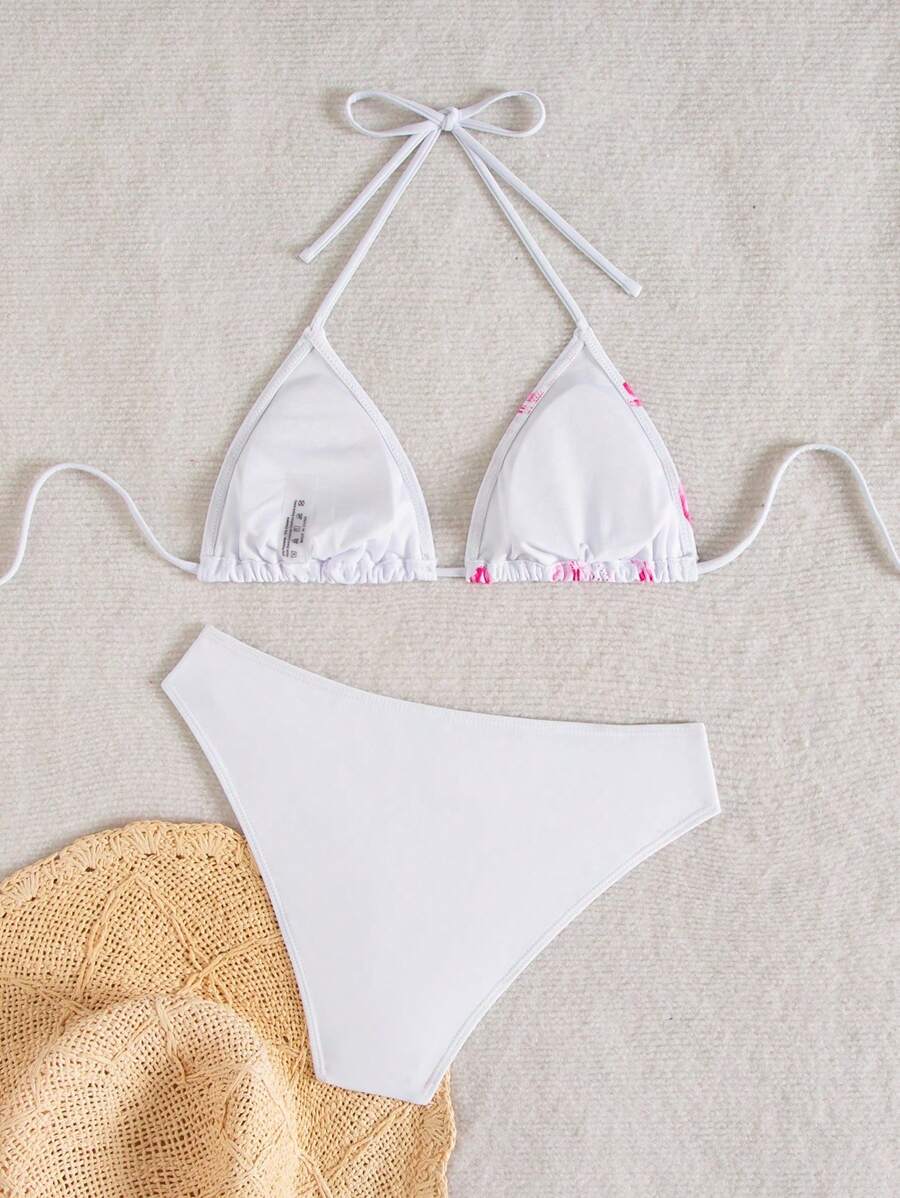Çiçek Desenli Halter Bağcıklı Bikini Takımı