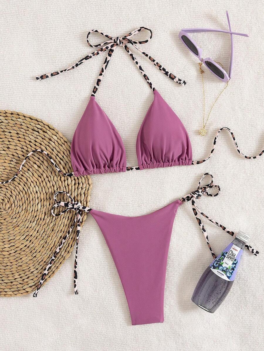 Leopar Desenli Boyundan Bağlamalı Bikini Takımı