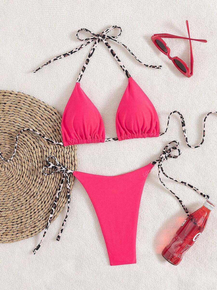 Leopar Desenli Boyundan Bağlamalı Bikini Takımı