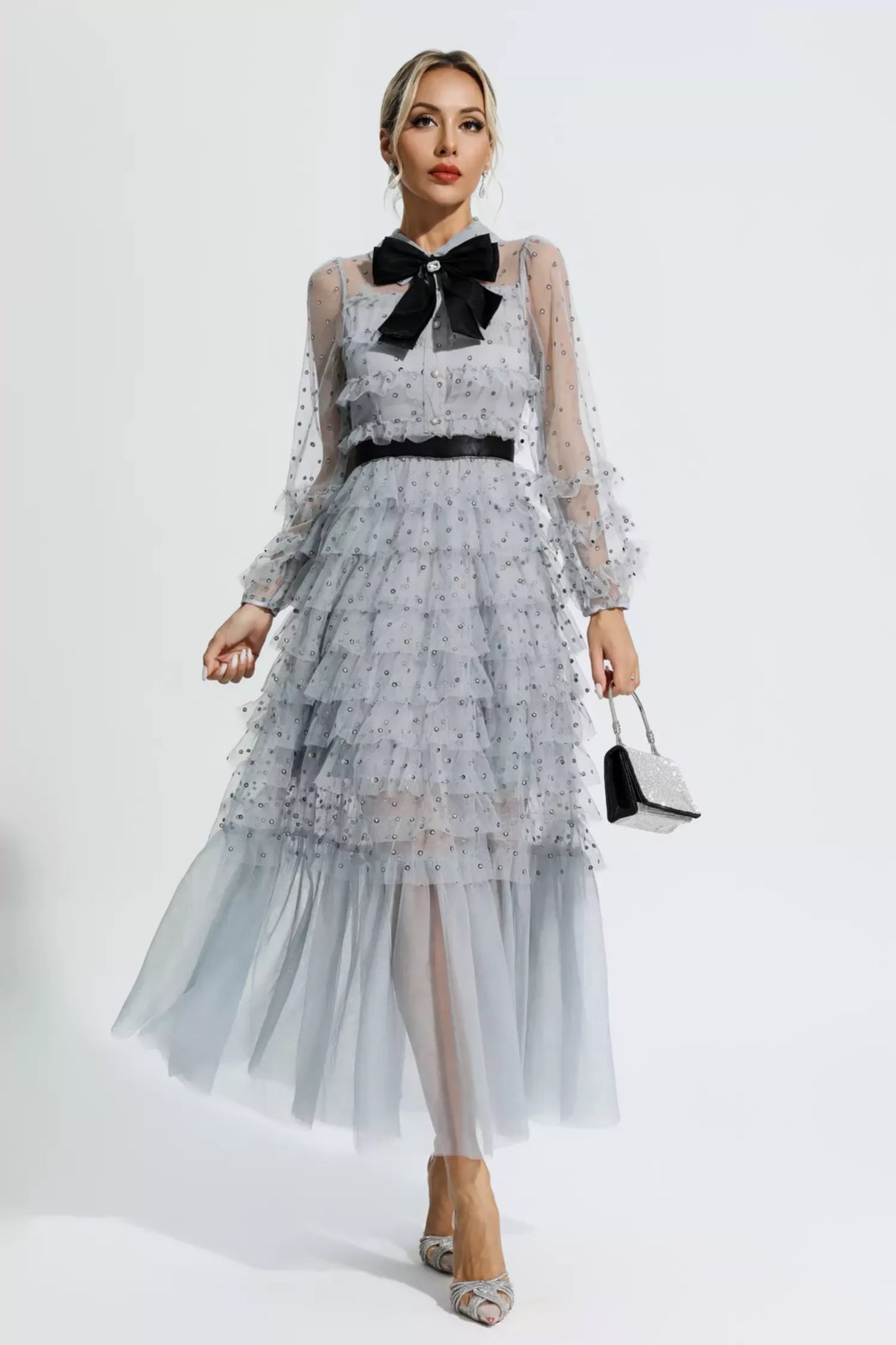 Mesh Maxi Dress with Bow 