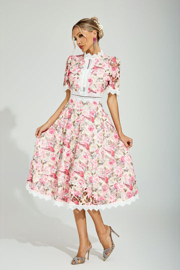 Rose Éclat Dantel Midi Elbise