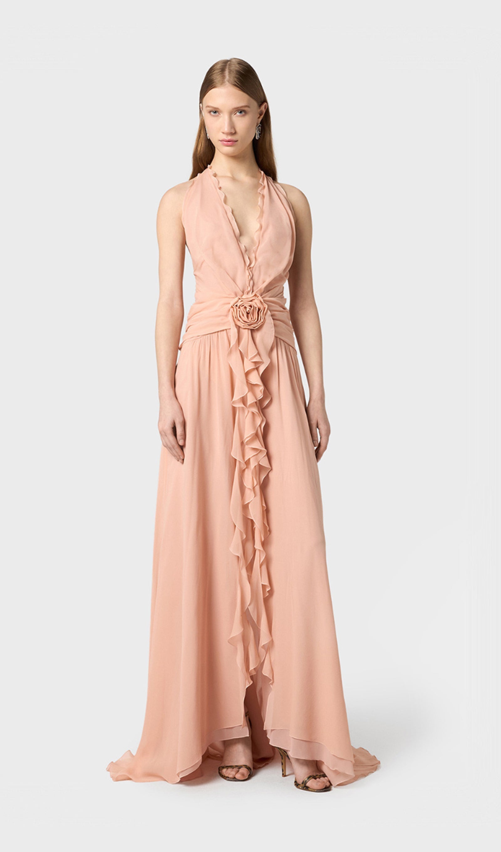 Halter Ruffles Maxi Dress with Rose Embellishments 