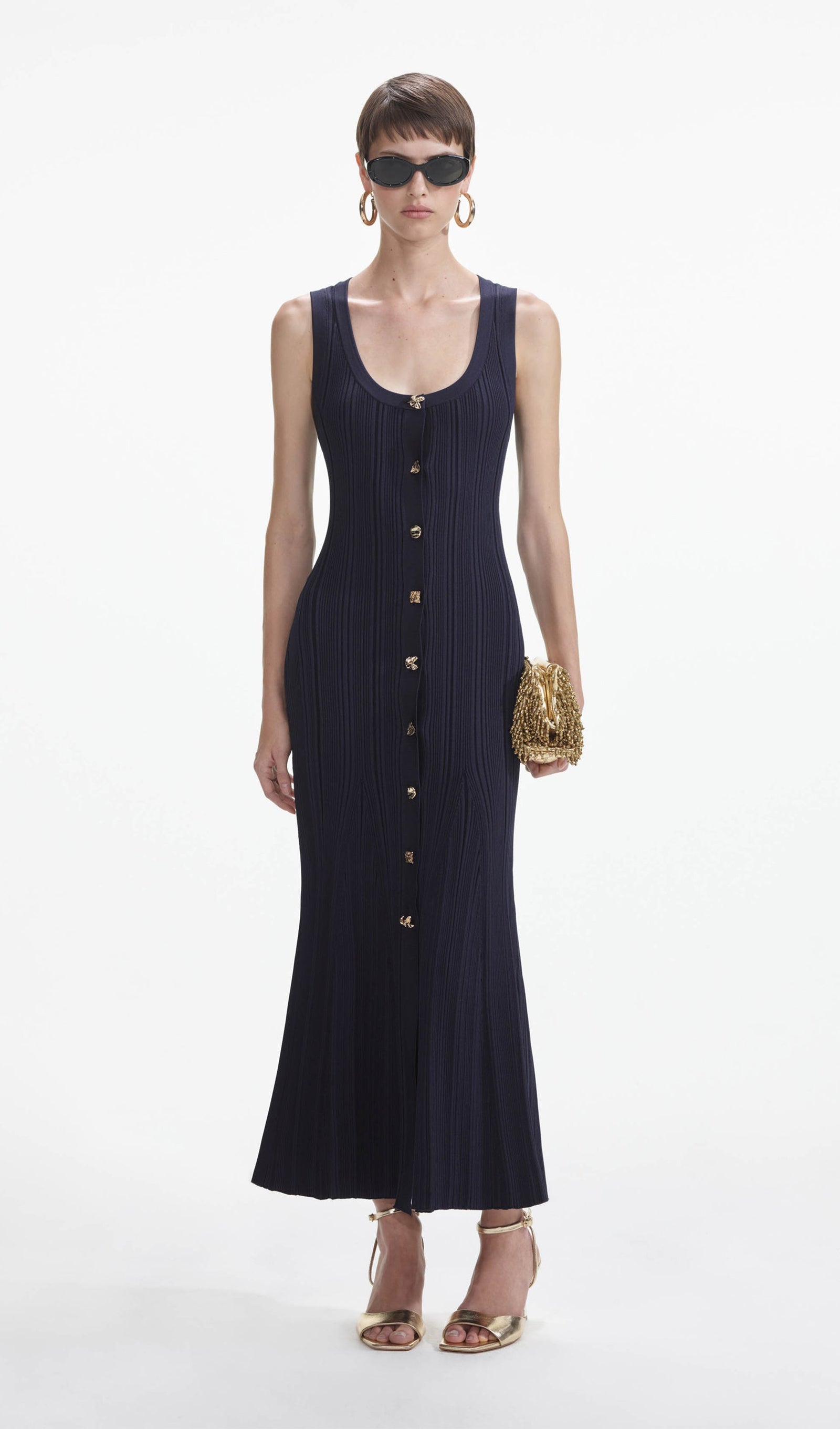 Metallic Buttoned Knitted Midi Dress 