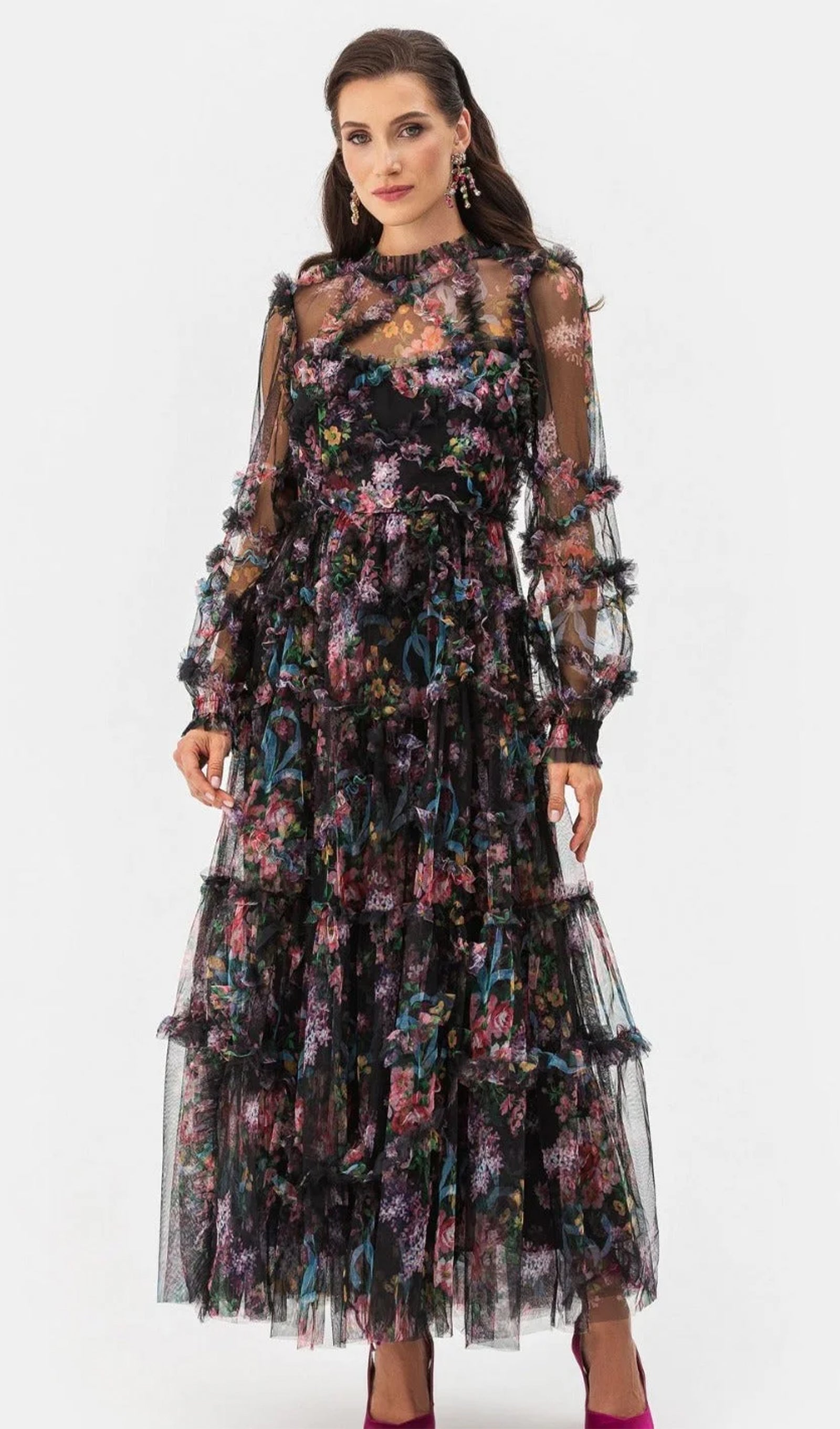 Long-Sleeved Floral Ruffled Maxi Knit Dress