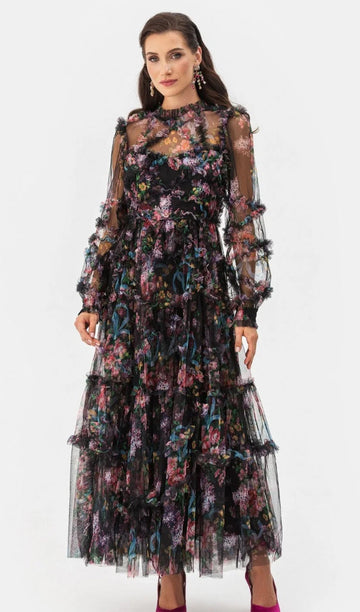 Long-Sleeved Floral Ruffled Maxi Knit Dress