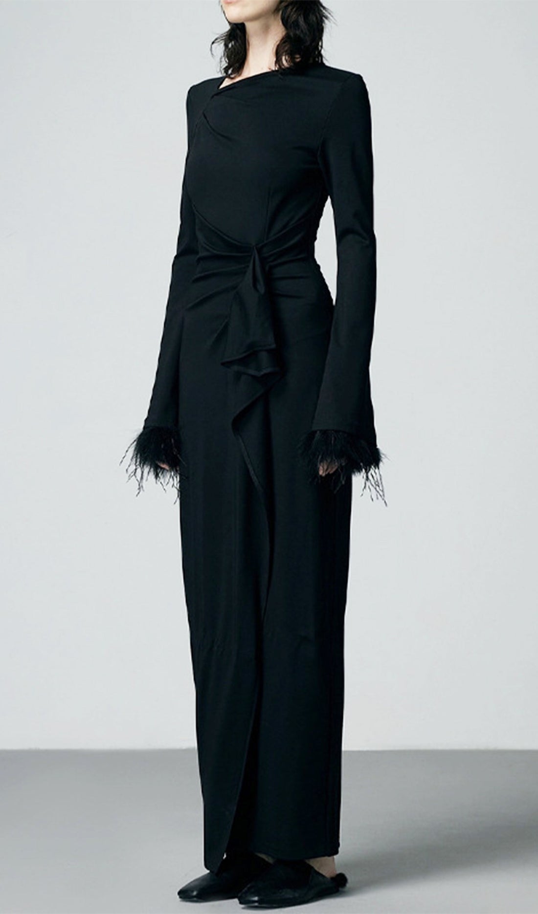 Stretch-Crêpe-Maxikleid mit Federbündchen 