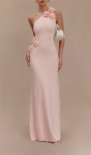Maxikleid aus geblümtem Strick mit einer Schulter – Babyrosa 