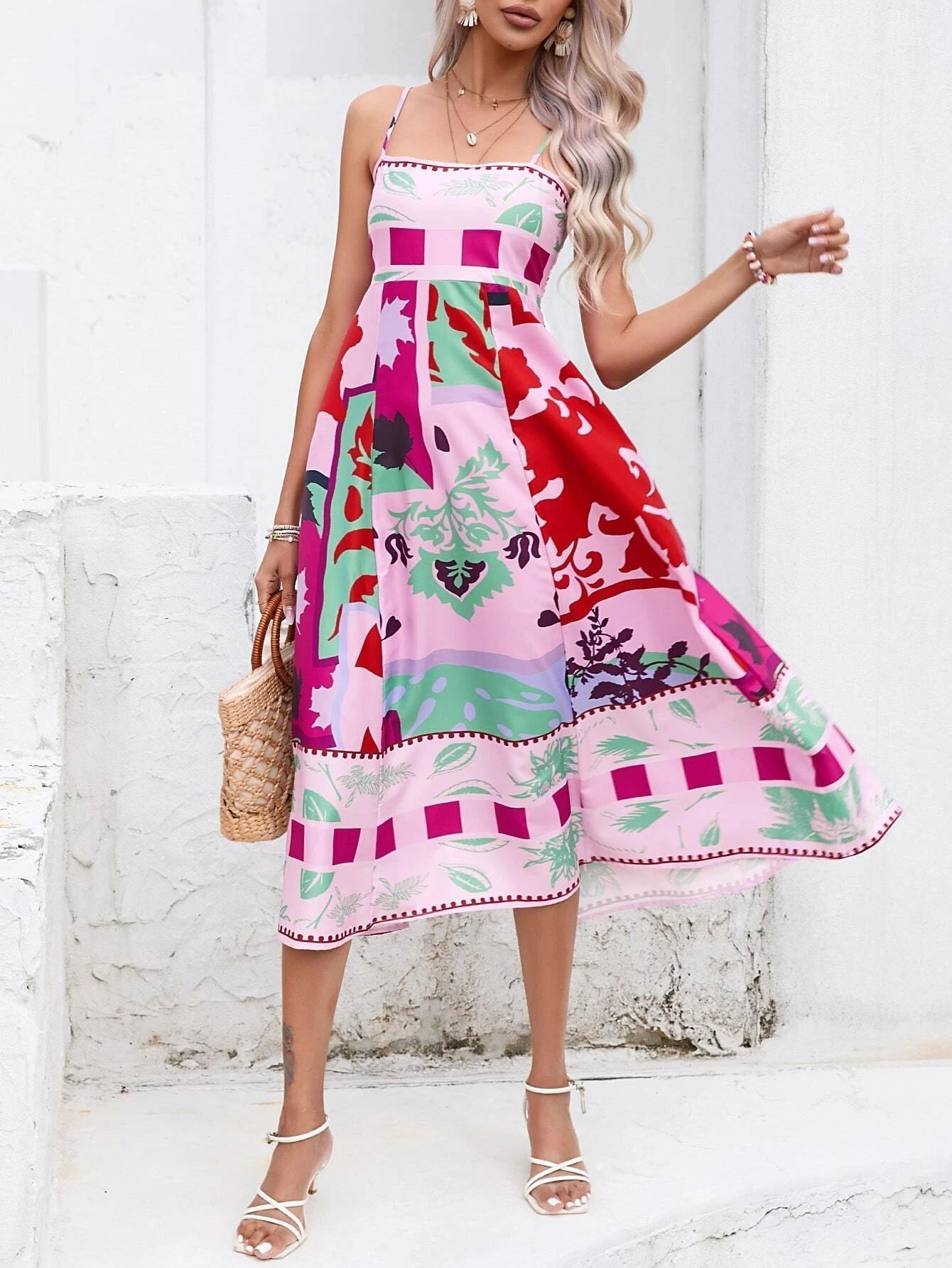 Soyut Patchwork Slip Maksi Elbise