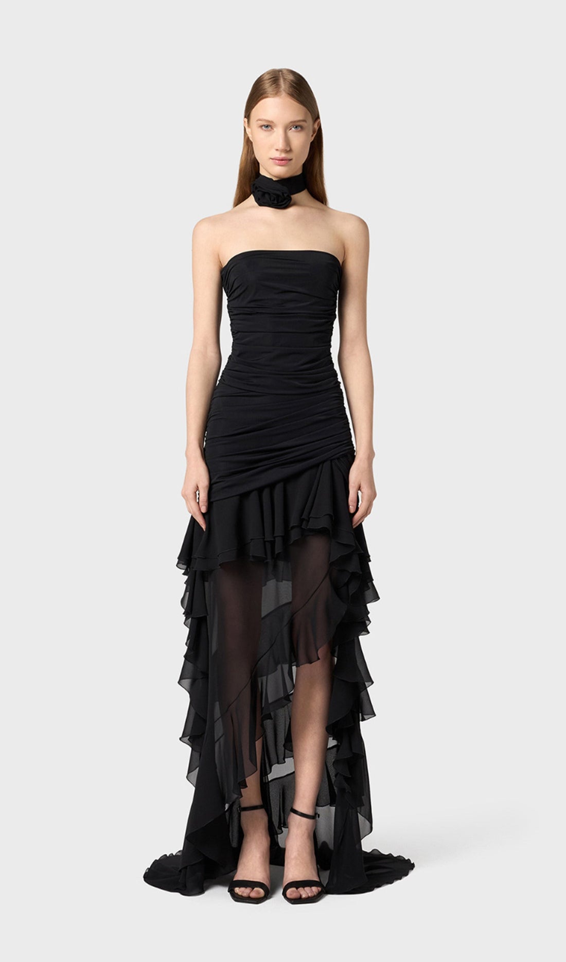 Bustier Chiffon Ruffled Midi Dress 