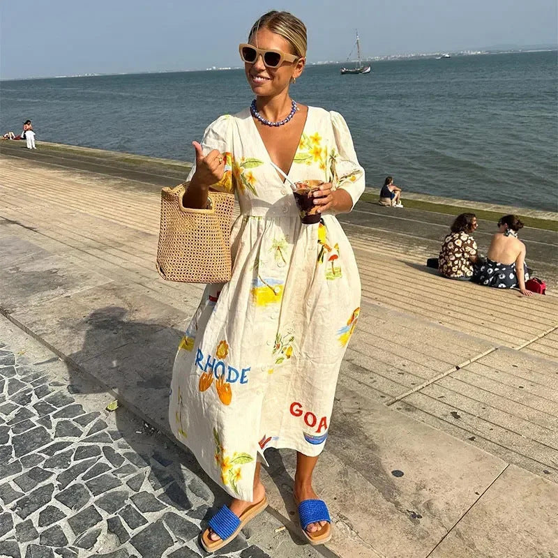 Printed Linen Midi Dress 