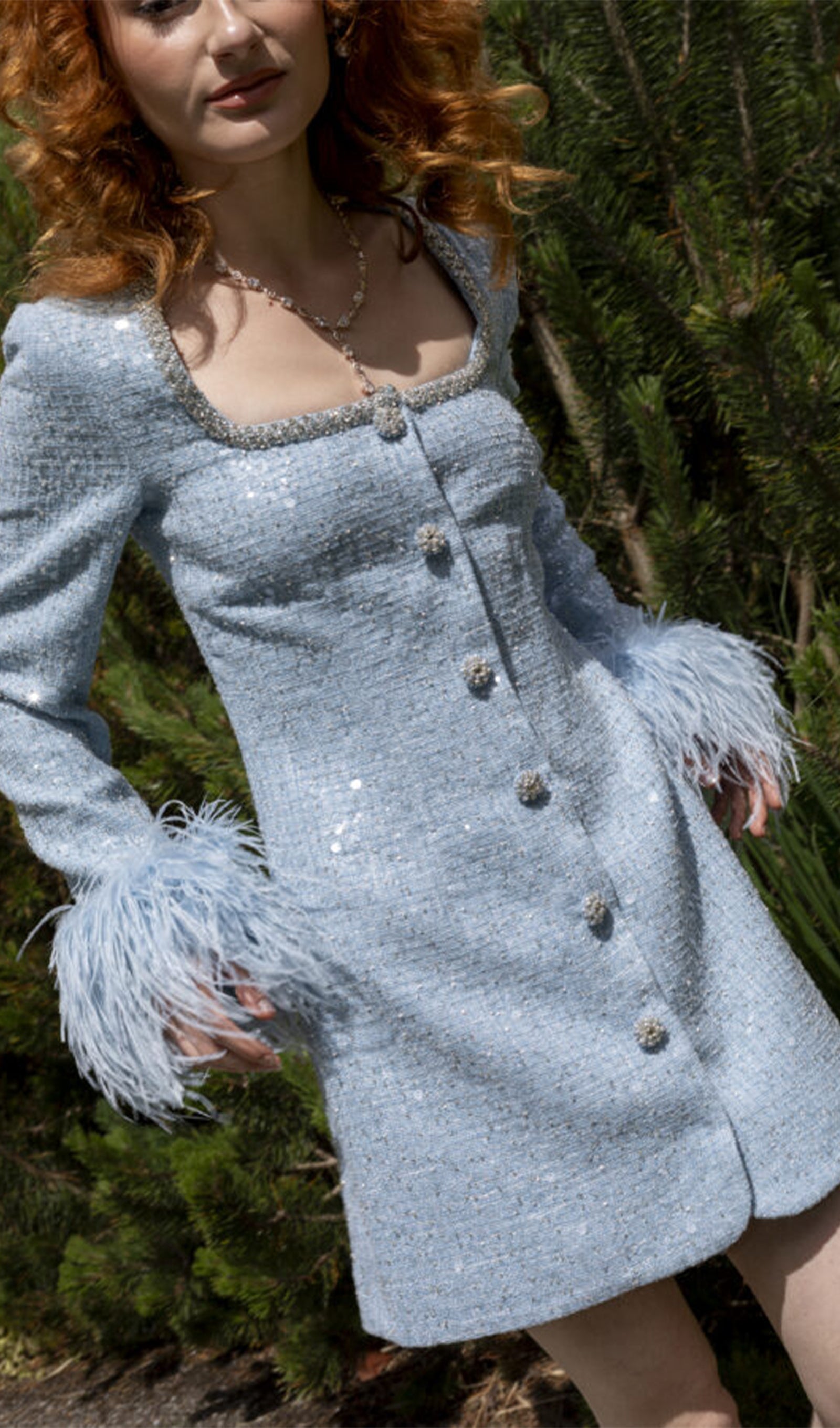 Sequin Bouclé Feathered Mini Dress 