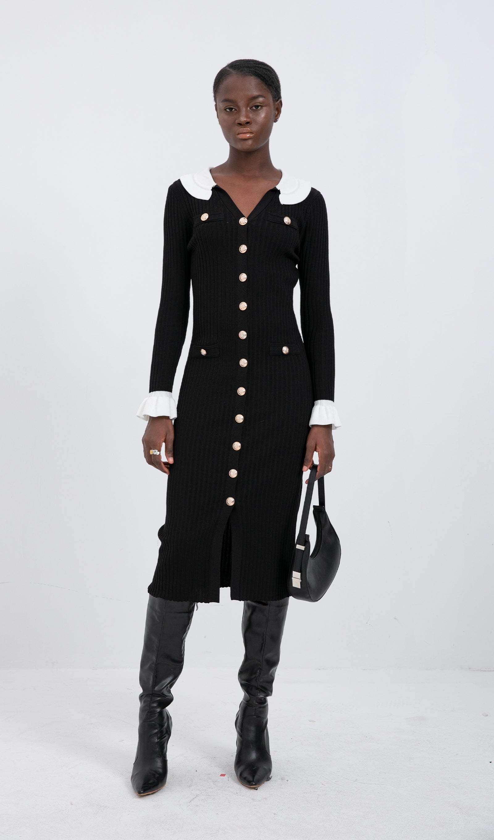 Trendy Jersey Fırfır Yaka Midi Elbise -Siyah