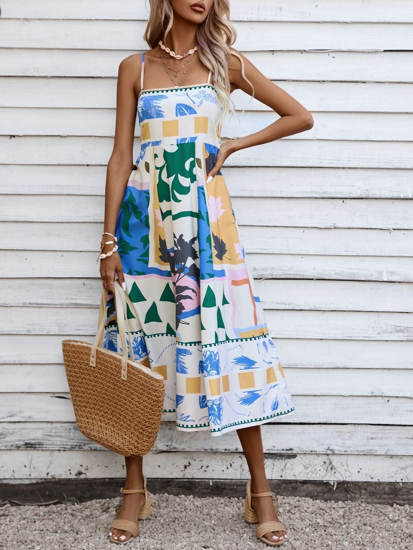 Soyut Patchwork Slip Maksi Elbise