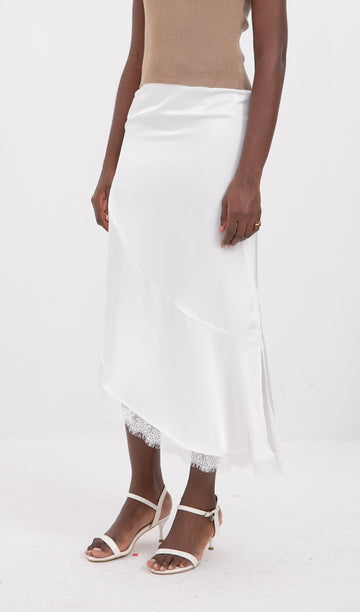 Trendiger Satin-Midirock mit Spitzenbesatz – Weiß