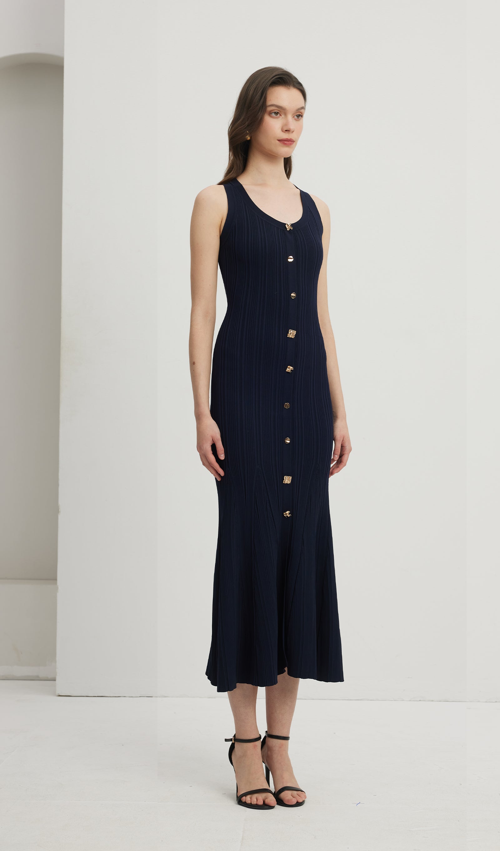 Metallic Buttoned Knitted Midi Dress 