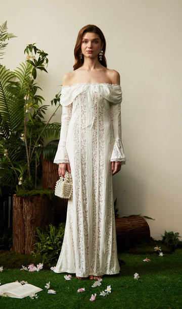 Vintage Floral Lace Off-Shoulder Maxi Dress 