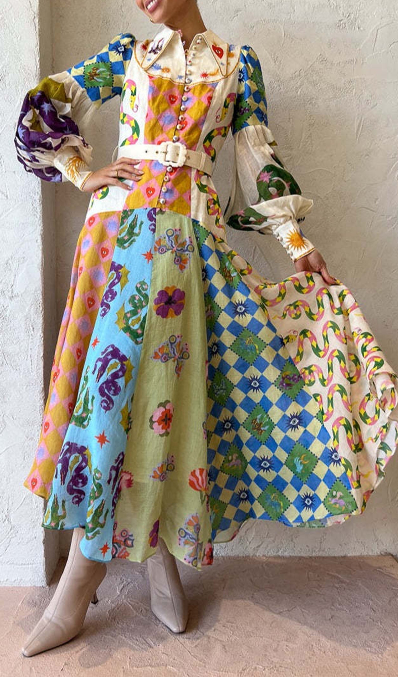 Patchwork Fener Kollu Kemer Gömlek Maksi Elbise