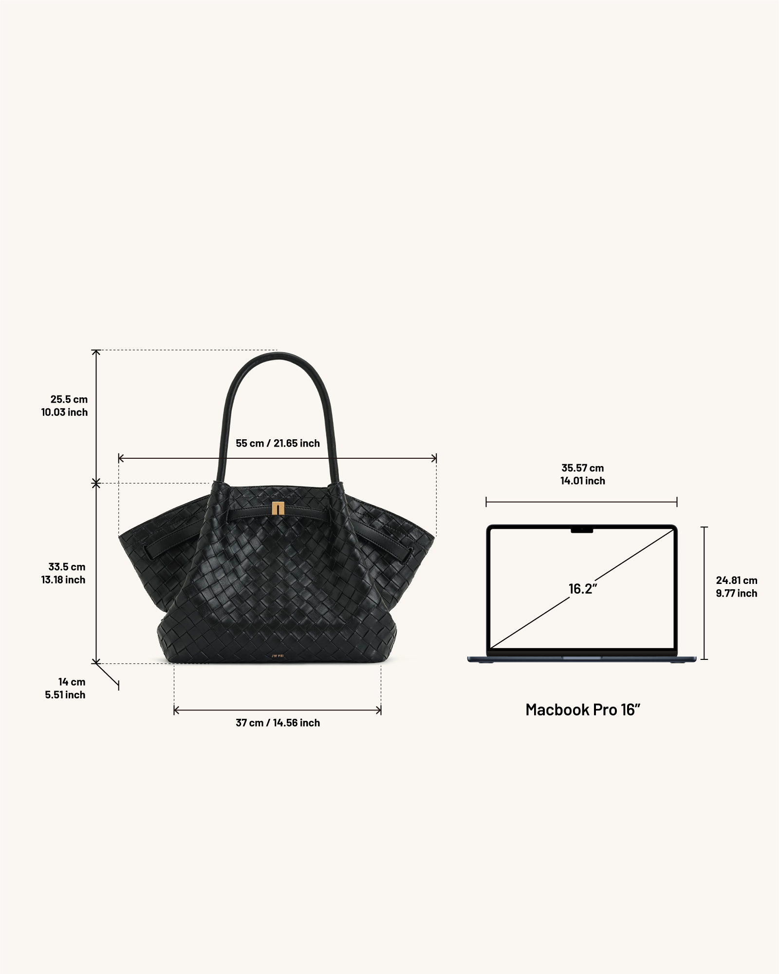 Hana Large Woven Textured Vegan Leather Tote Bag – Black, Shoulder and Handbag