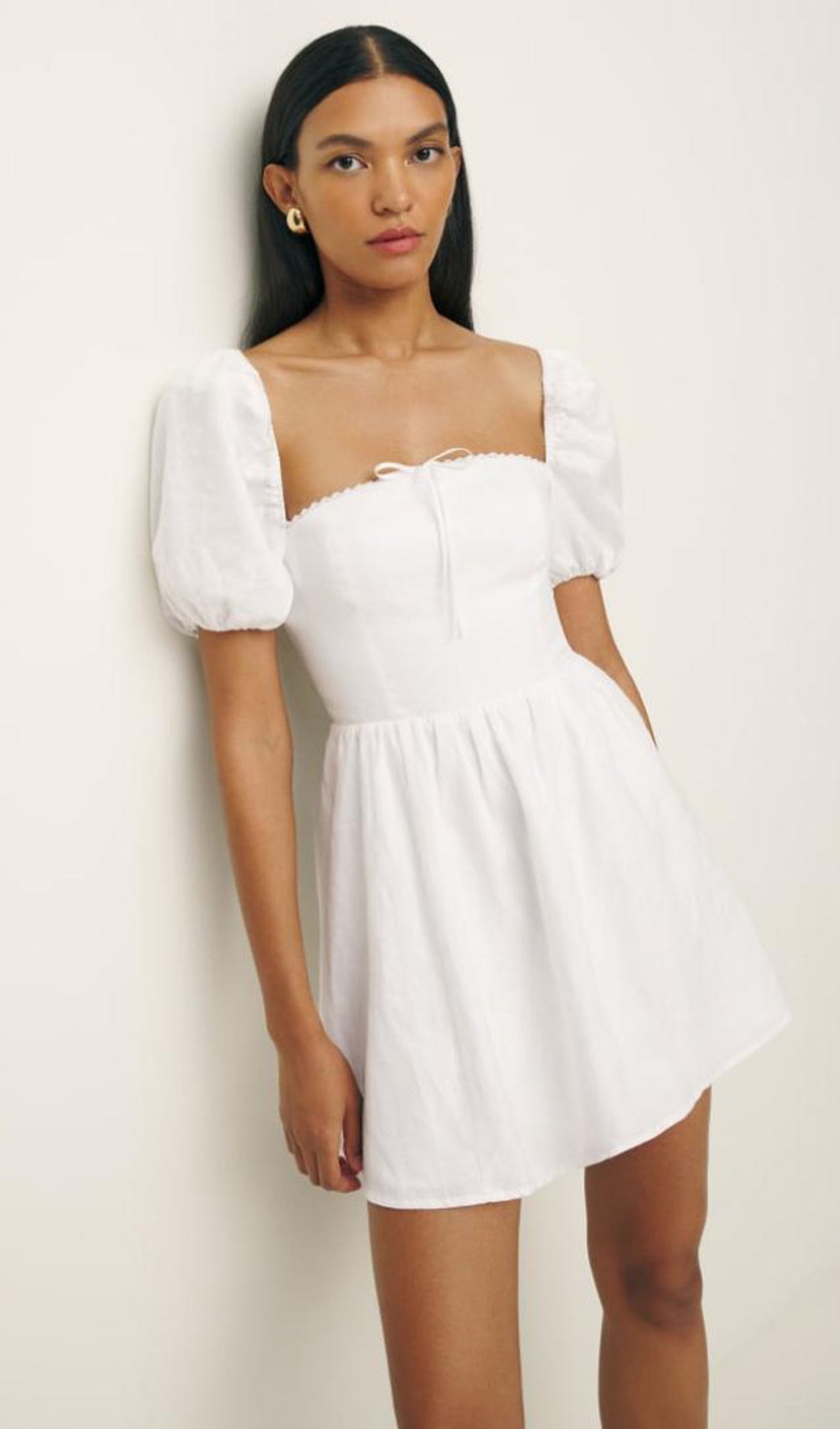 White Linen Mini Dress with Puff Sleeves