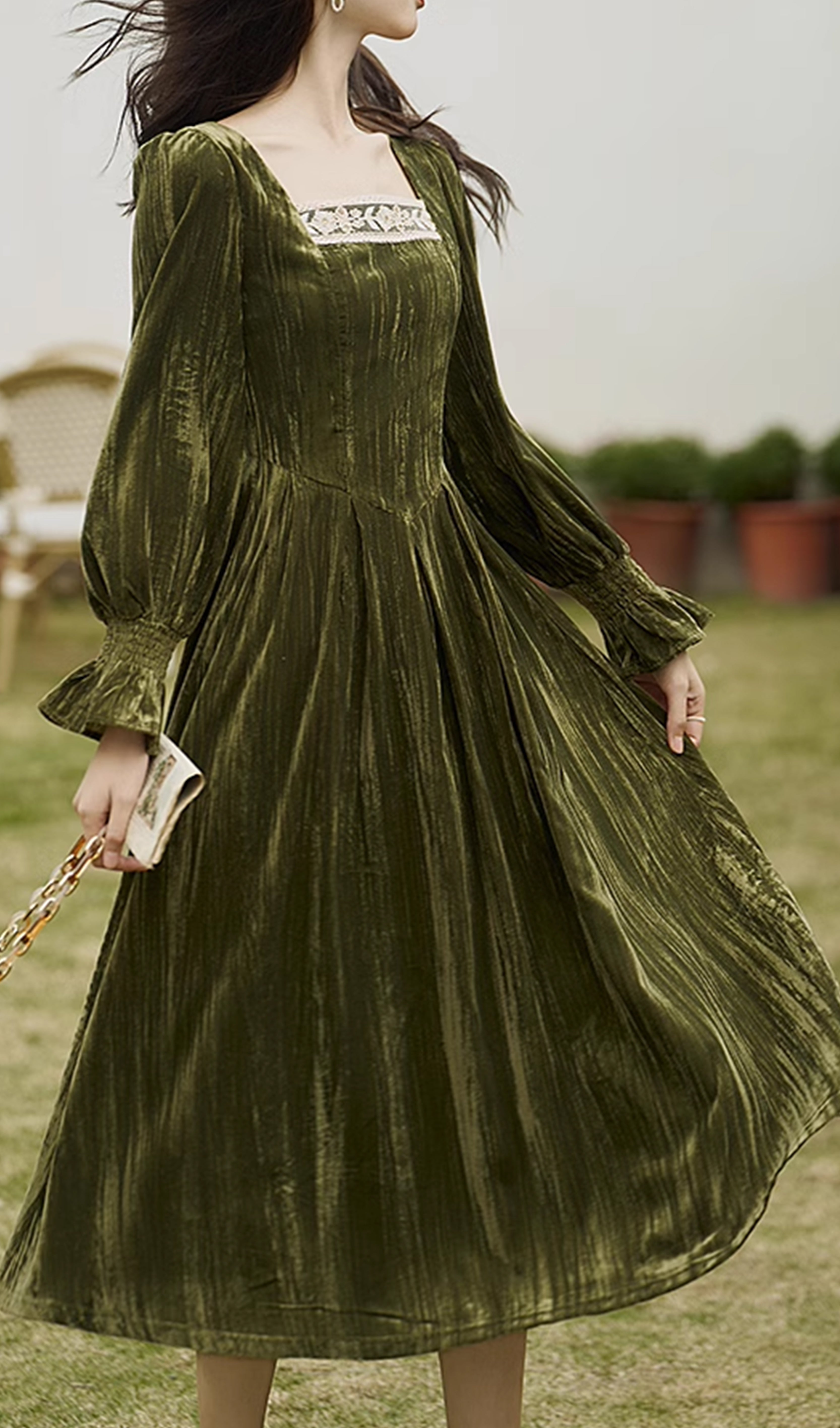 Vintage Square Neck Plain Velvet Midi Dress