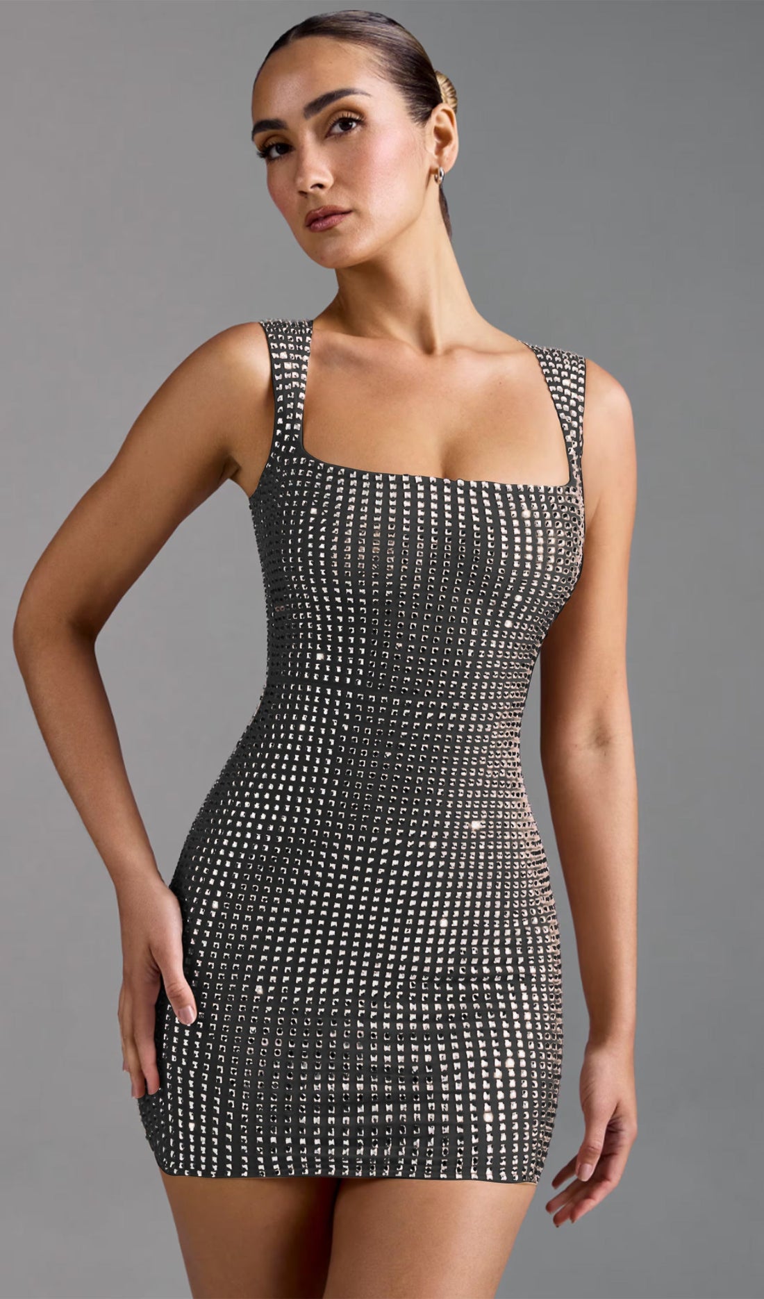 Embellished Square Neck Mini Dress Black 