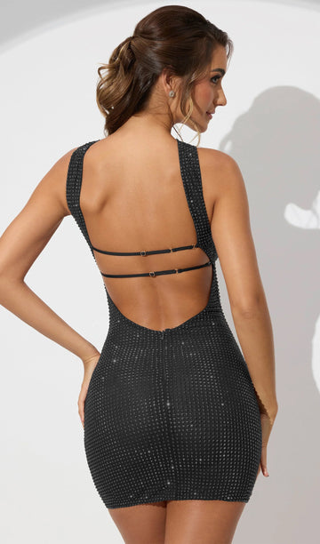 Schwarzes Mini-Kleid mit Neckholder und Strassverzierungen 