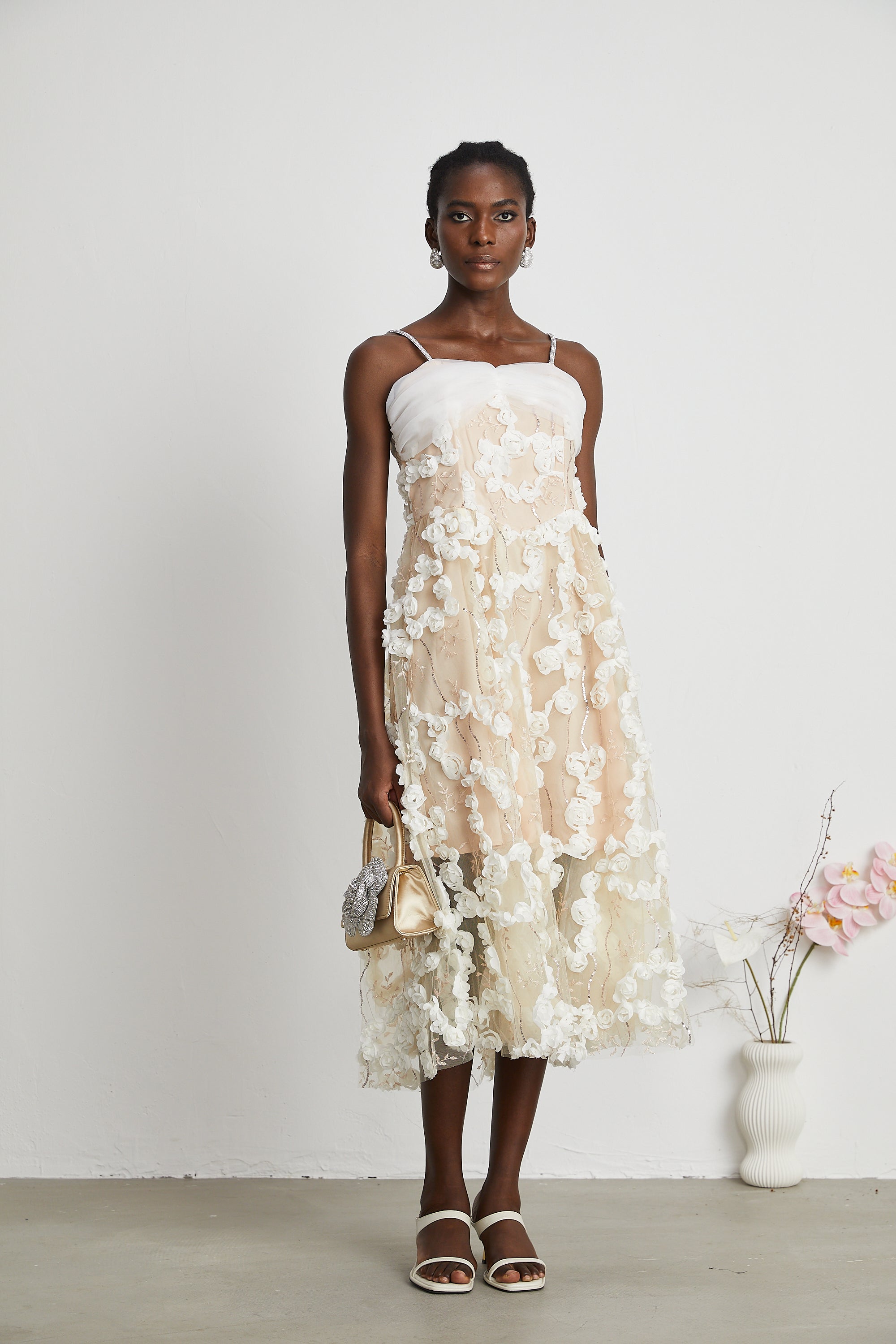 Jacqueline Floral Applique Embroidered Midi Dress