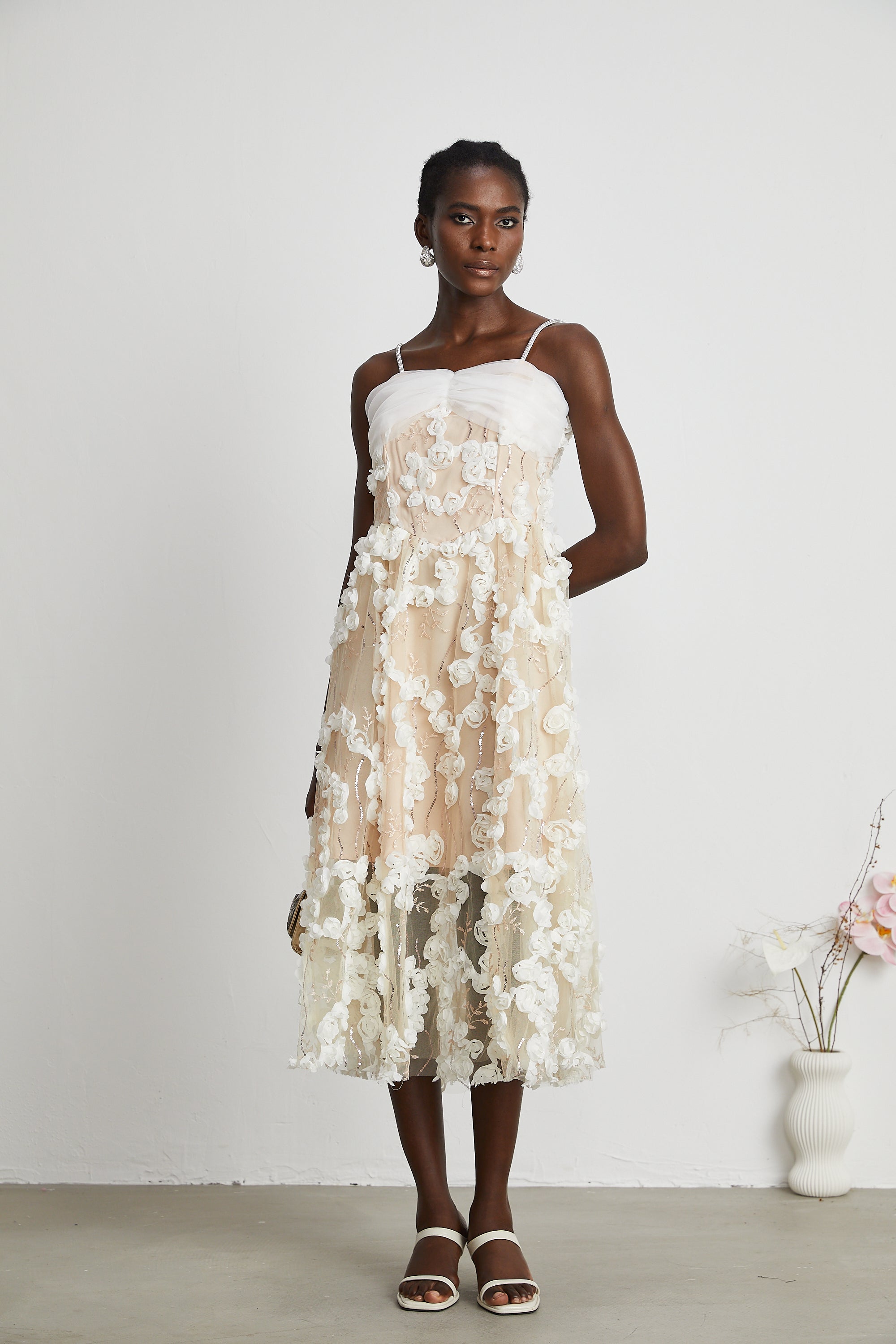 Jacqueline Floral Applique Embroidered Midi Dress