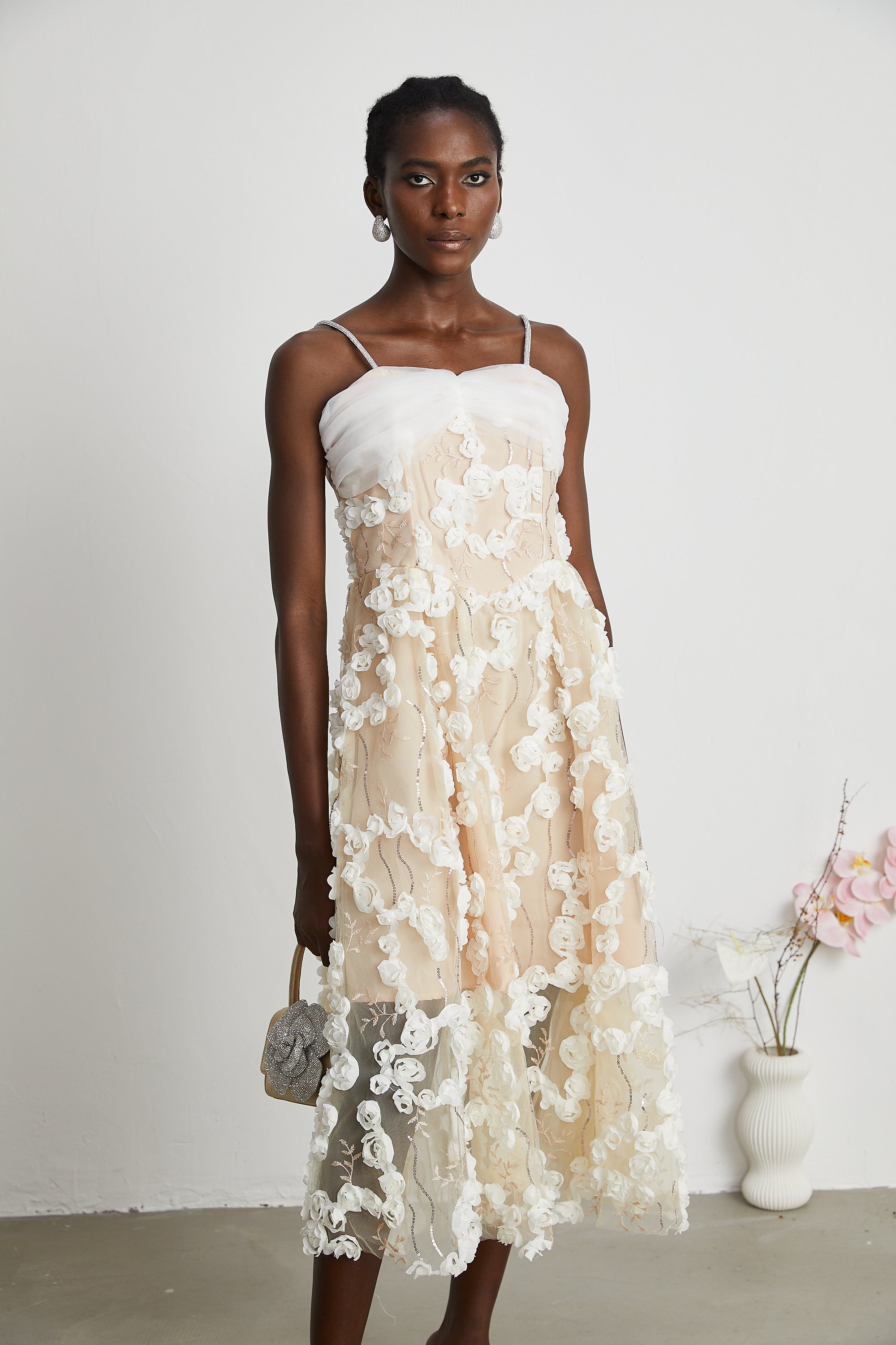 Jacqueline Floral Applique Embroidered Midi Dress