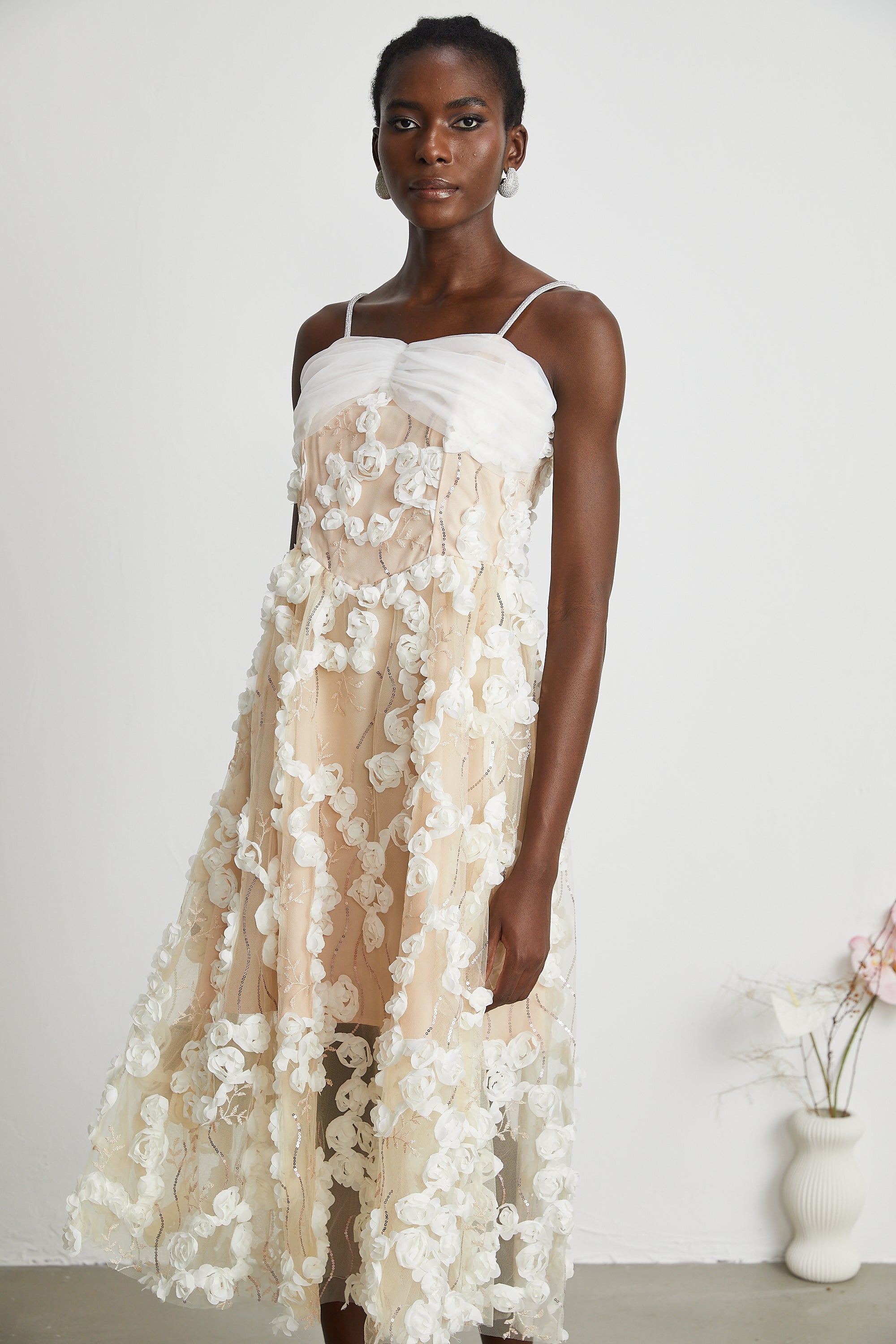 Jacqueline Floral Applique Embroidered Midi Dress