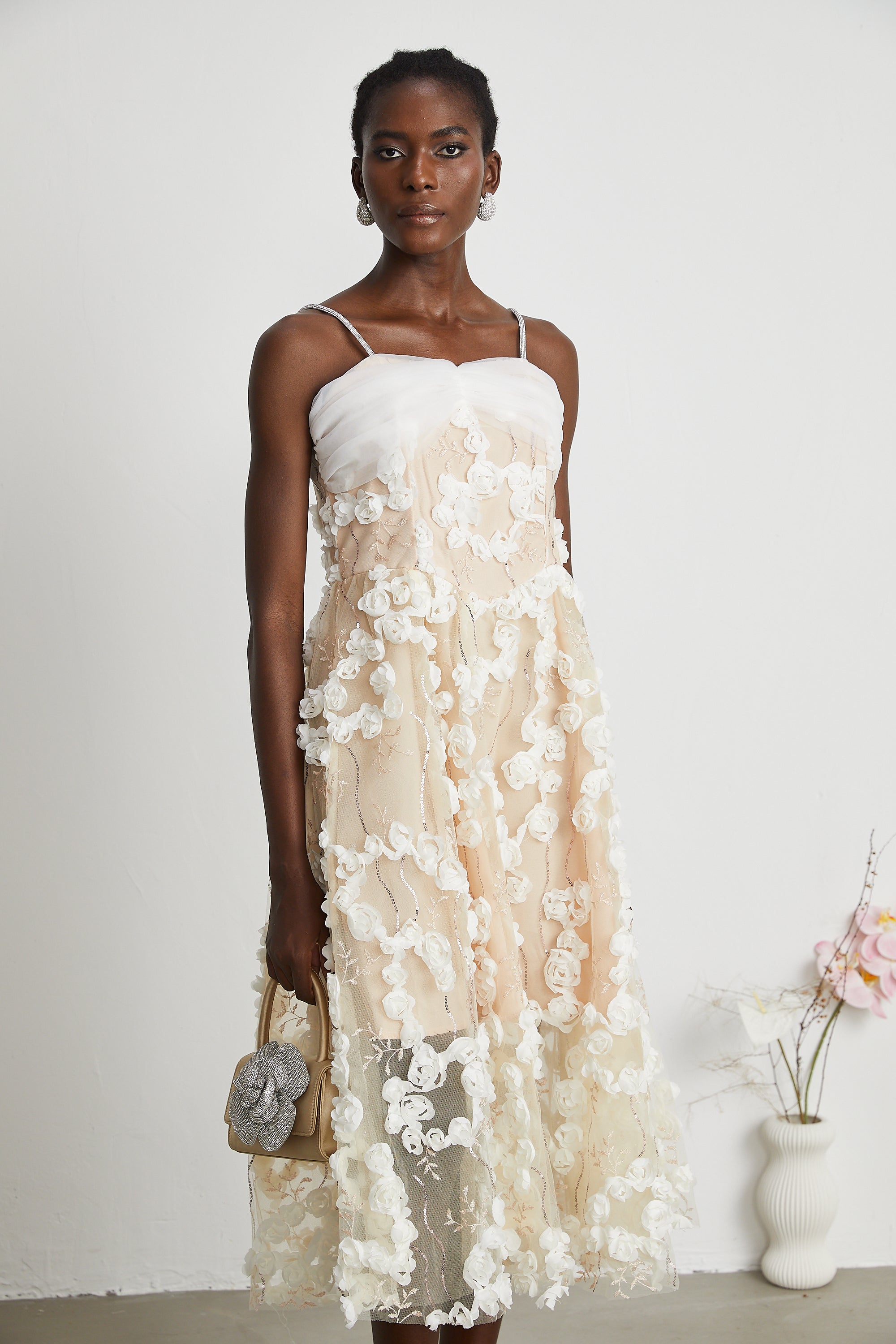 Jacqueline Floral Applique Embroidered Midi Dress