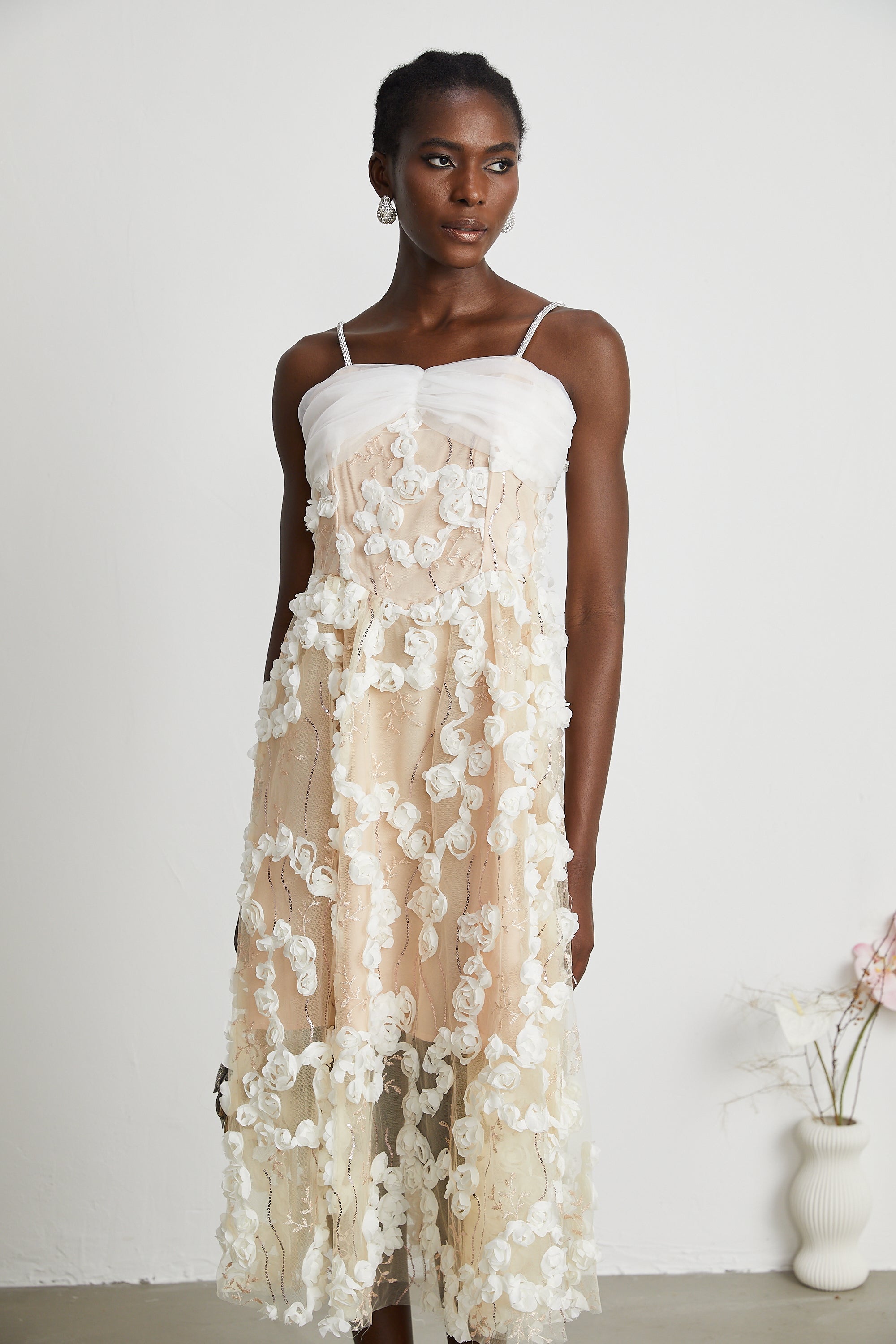 Jacqueline Floral Applique Embroidered Midi Dress