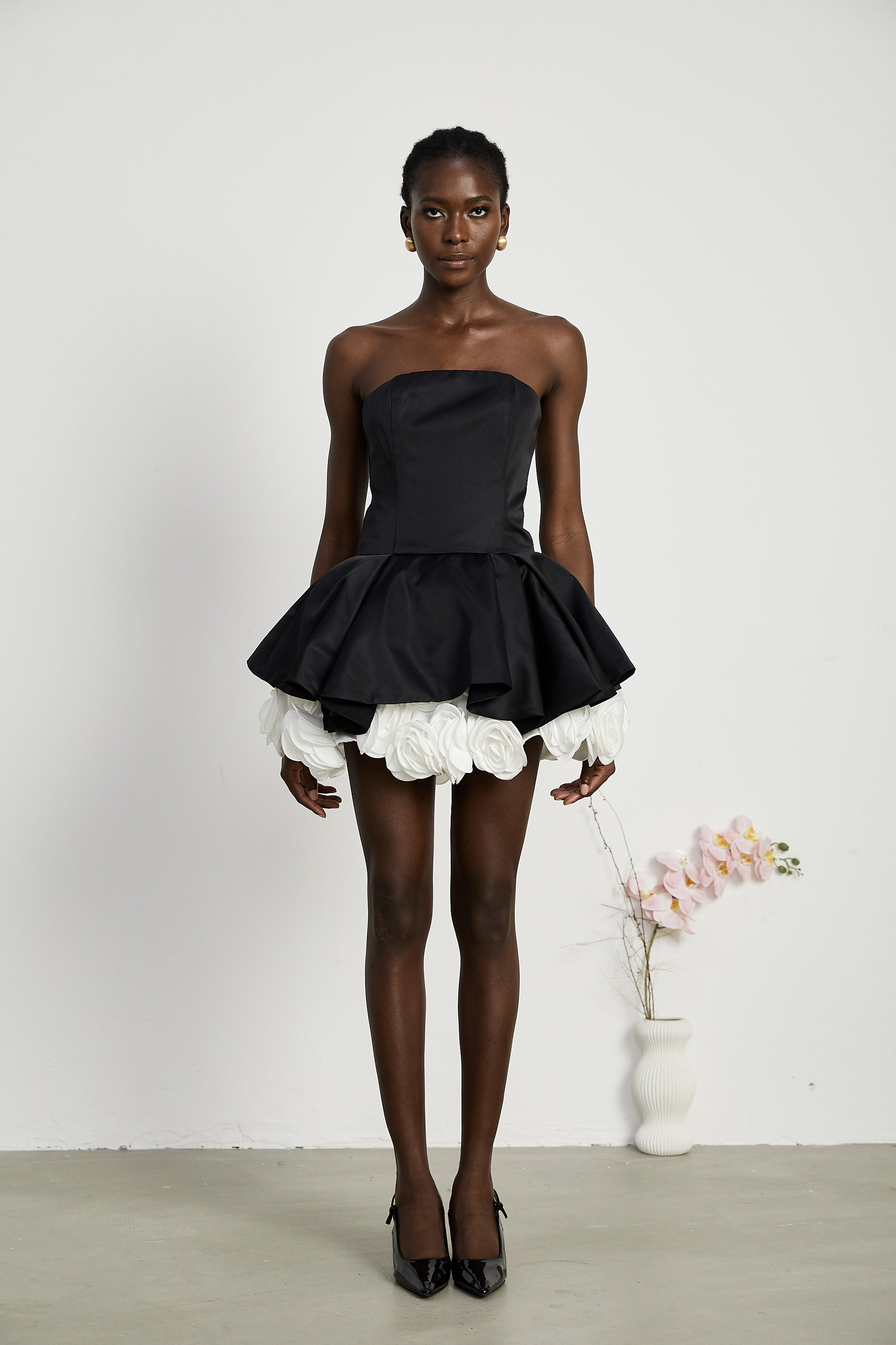 Lucie Black Leaf Layered Strapless Corset Mini Dress