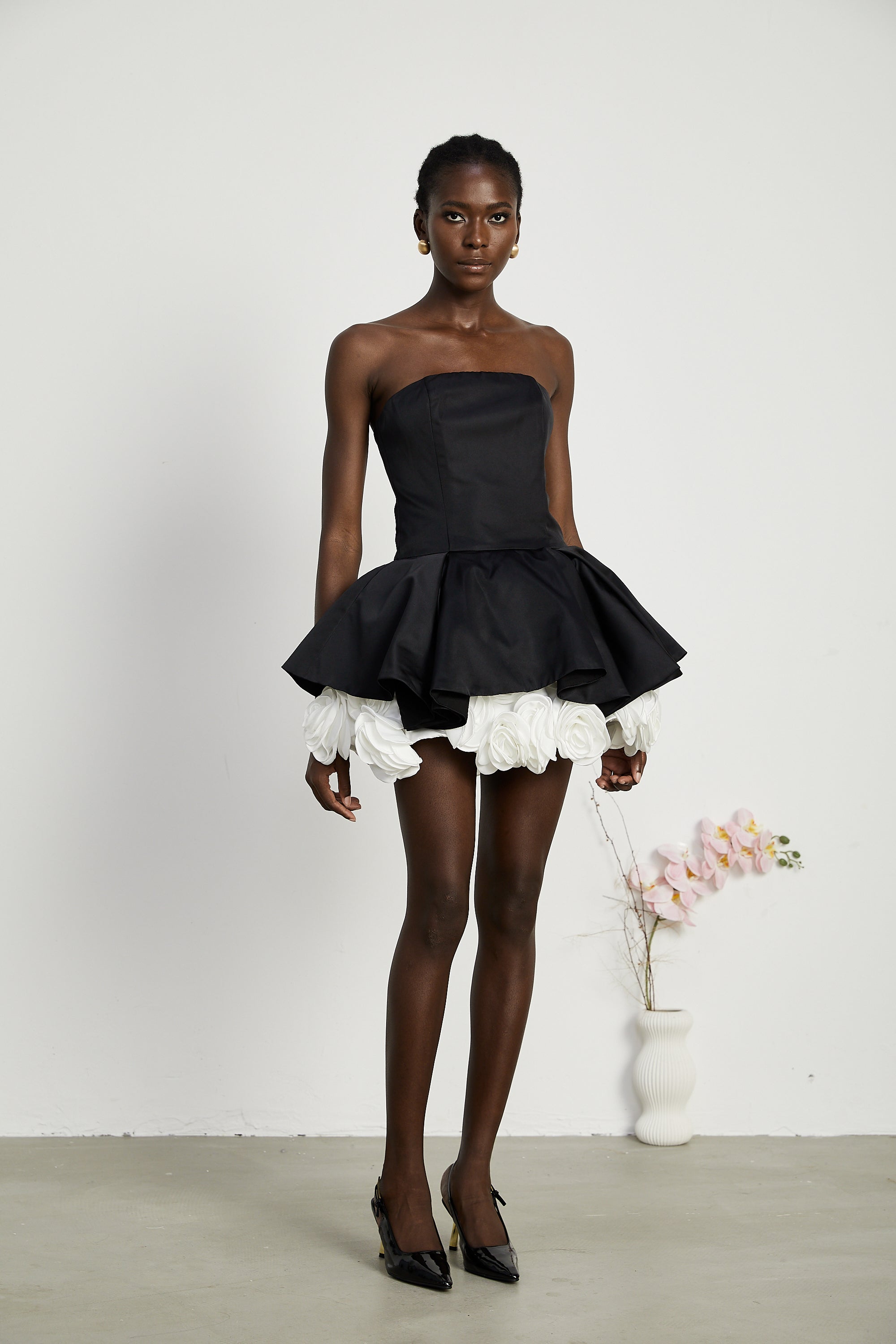 Lucie Black Leaf Layered Strapless Corset Mini Dress