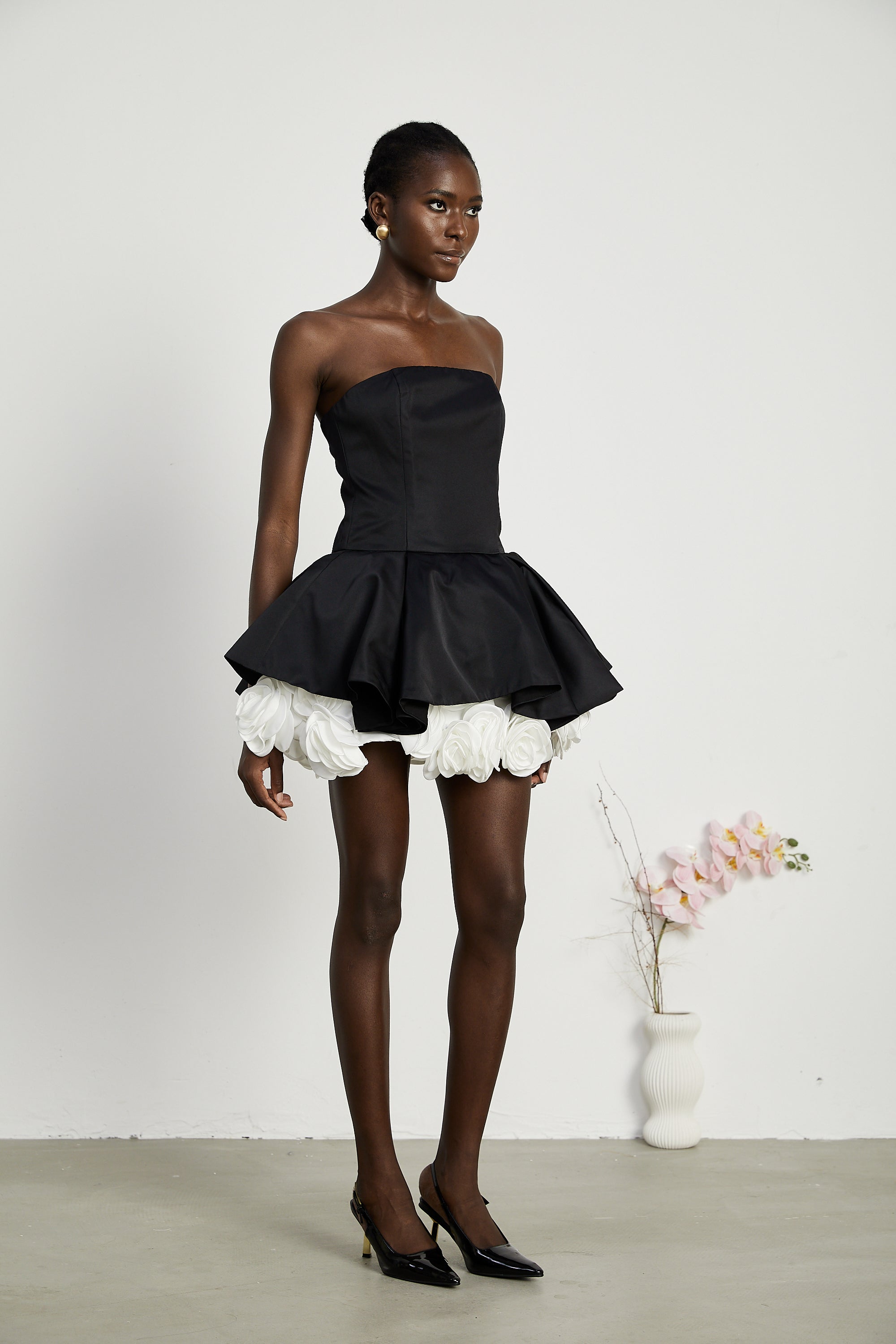 Lucie Black Leaf Layered Strapless Corset Mini Dress