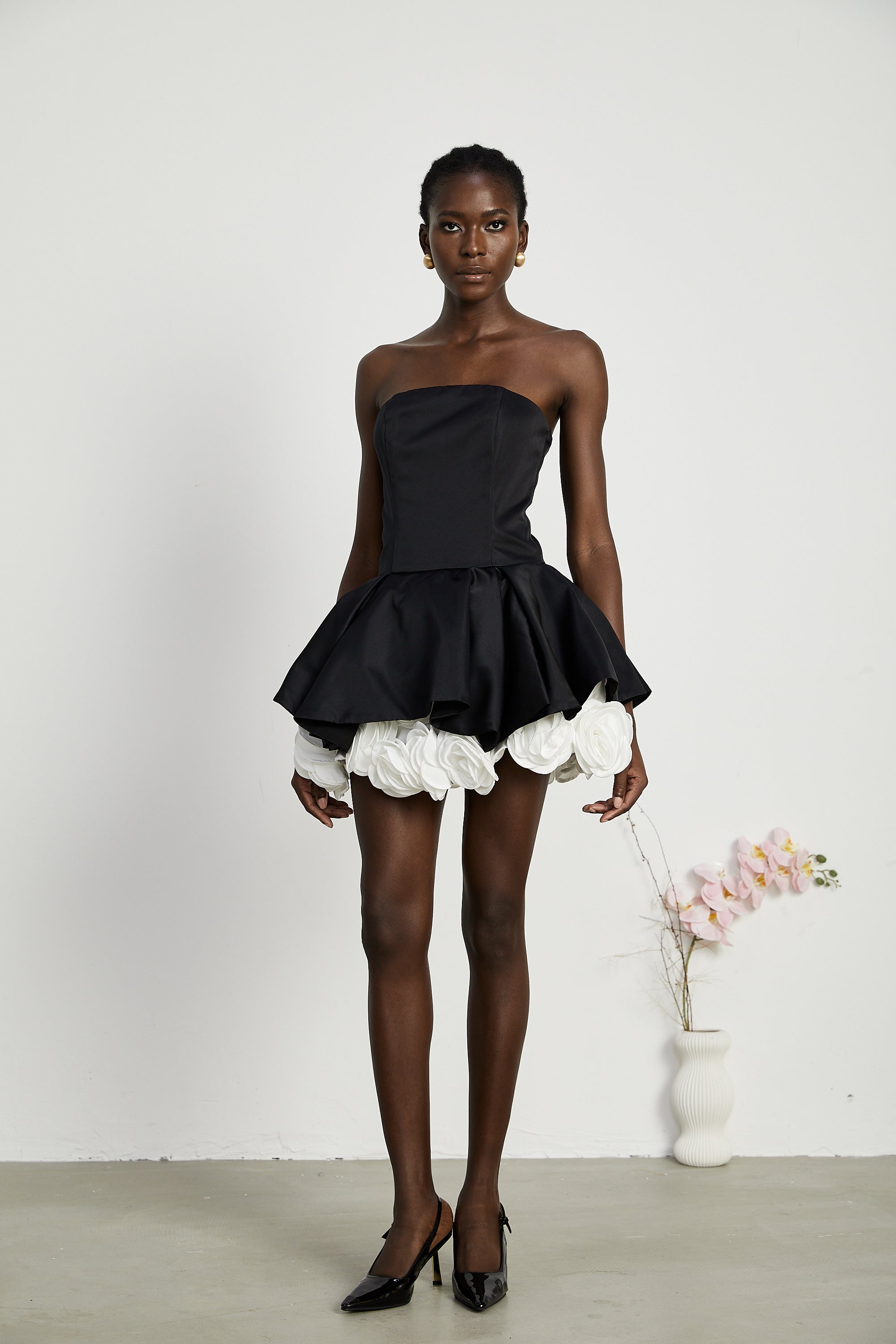 Lucie Black Leaf Layered Strapless Corset Mini Dress