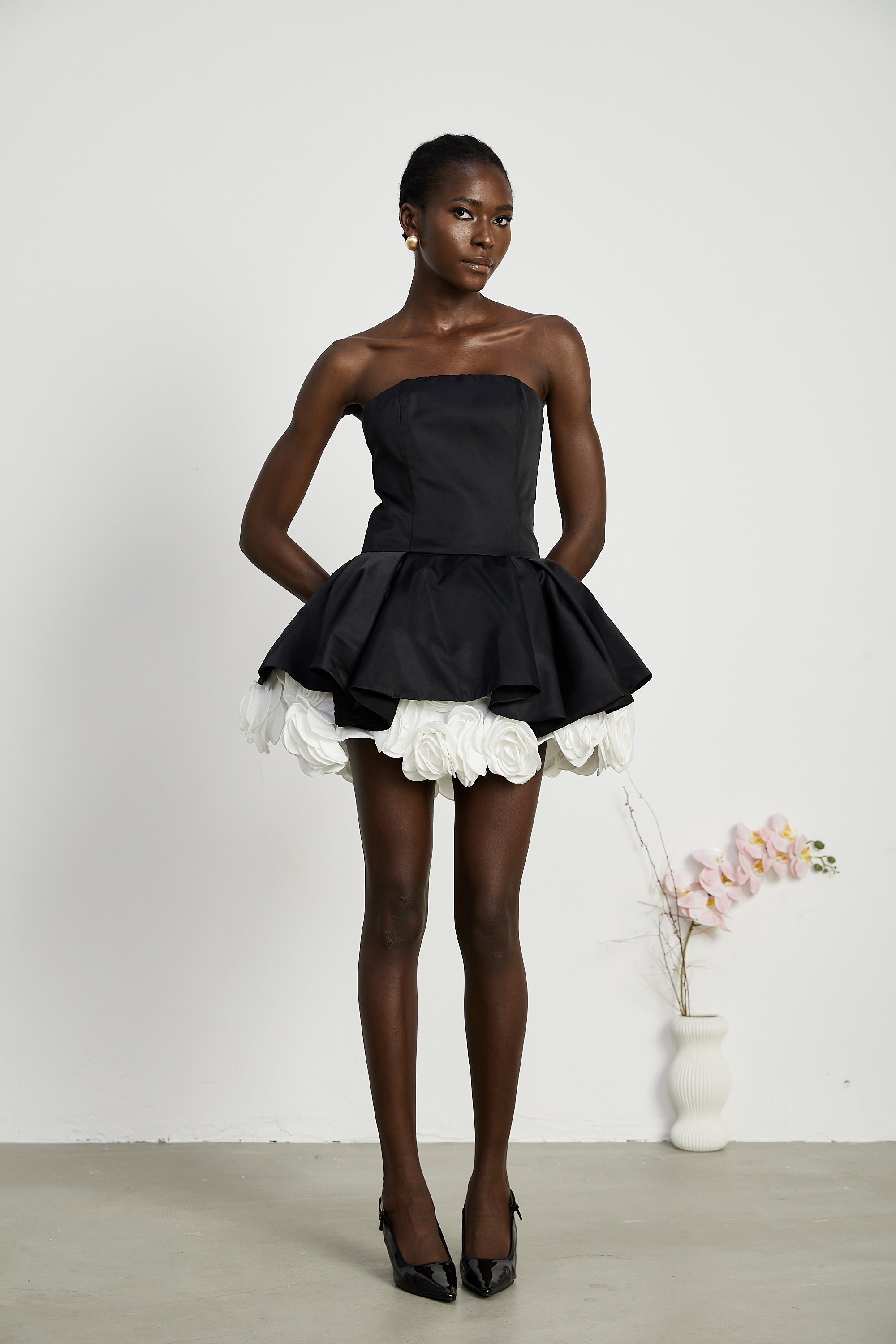 Lucie Black Leaf Layered Strapless Corset Mini Dress