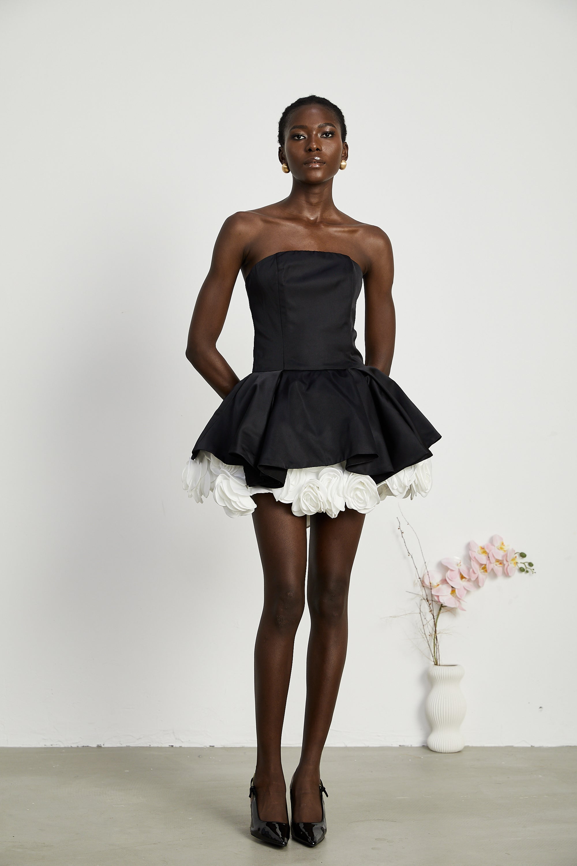 Lucie Black Leaf Layered Strapless Corset Mini Dress