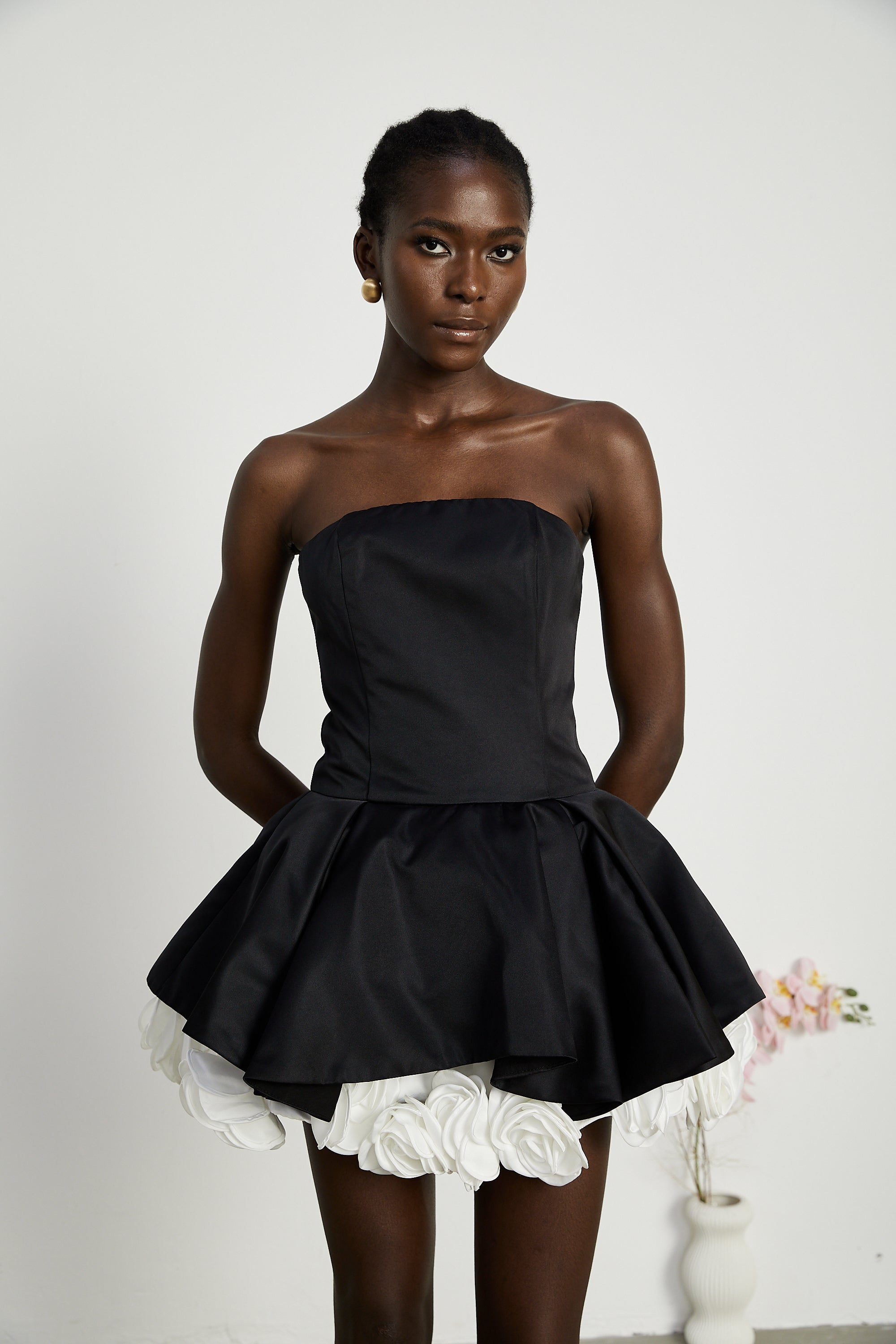 Lucie Black Leaf Layered Strapless Corset Mini Dress