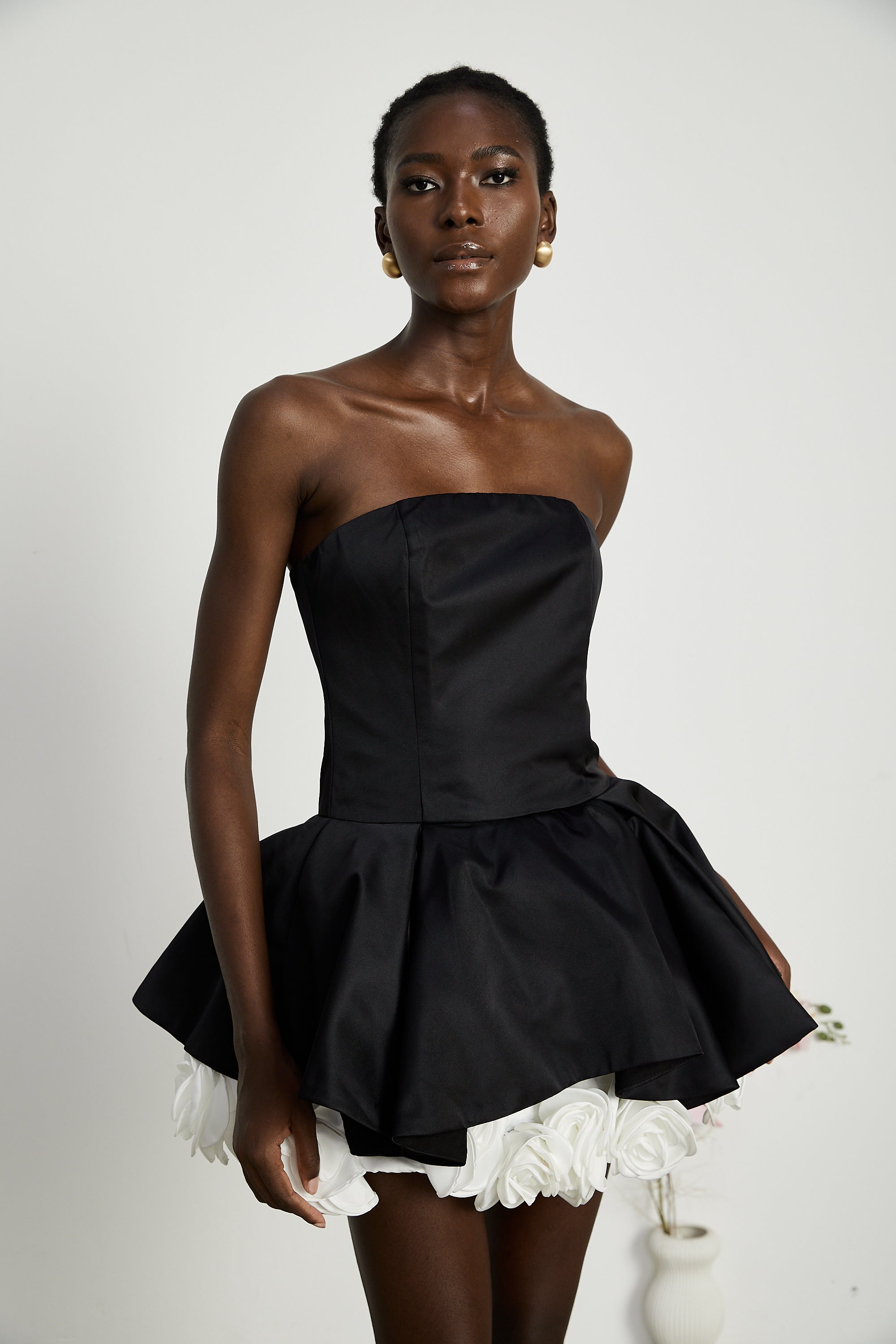 Lucie Black Leaf Layered Strapless Corset Mini Dress