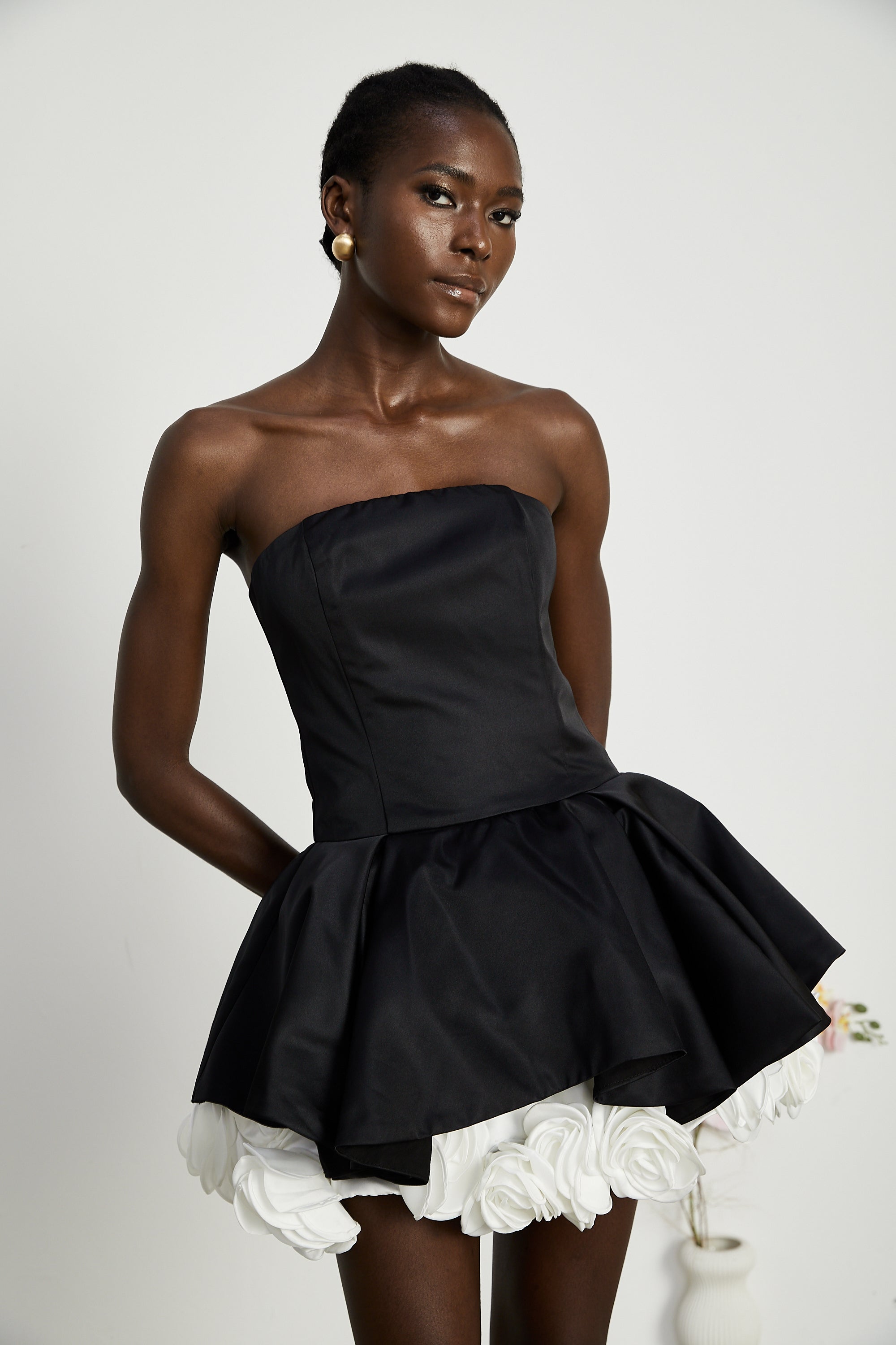 Lucie Black Leaf Layered Strapless Corset Mini Dress