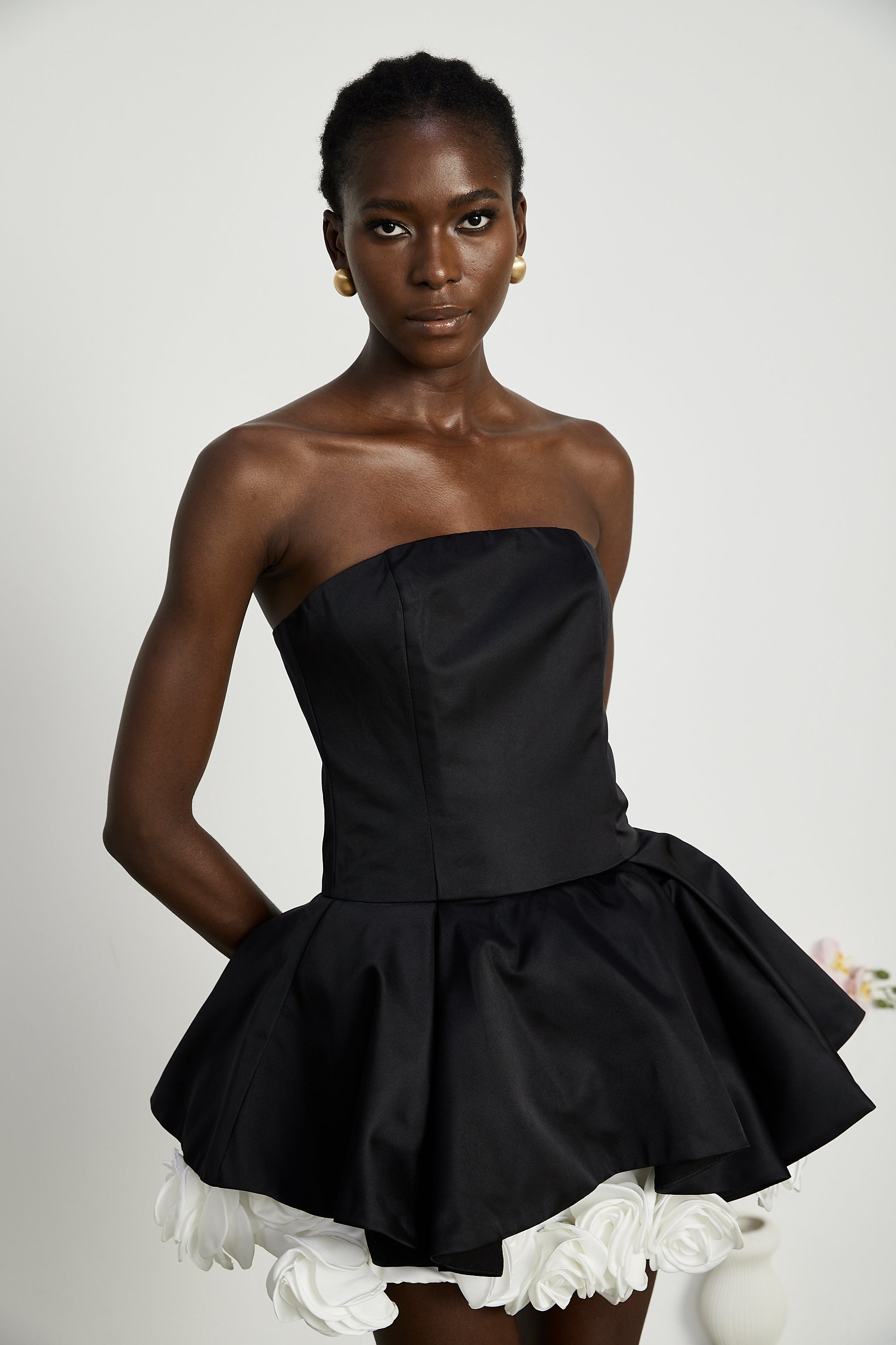 Lucie Black Leaf Layered Strapless Corset Mini Dress