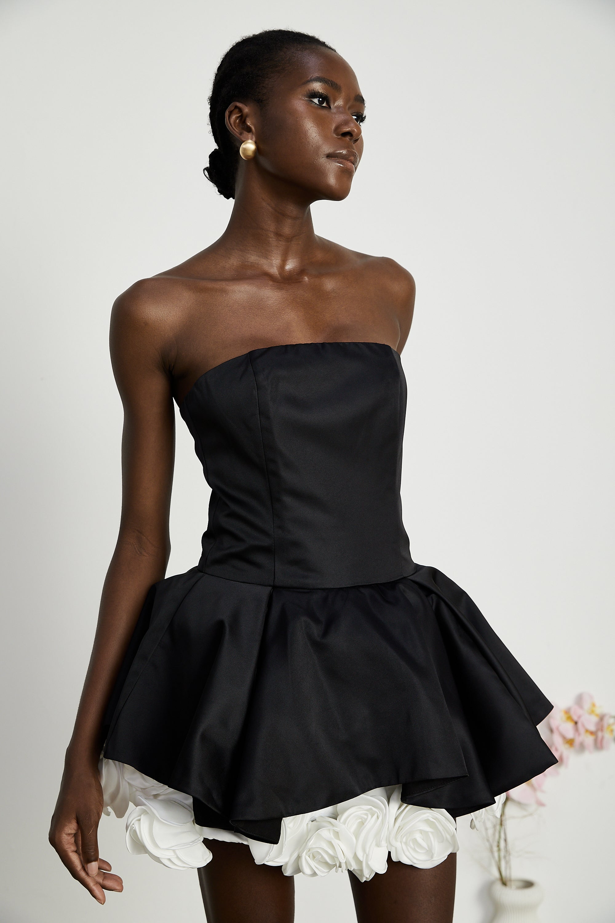 Lucie Black Leaf Layered Strapless Corset Mini Dress