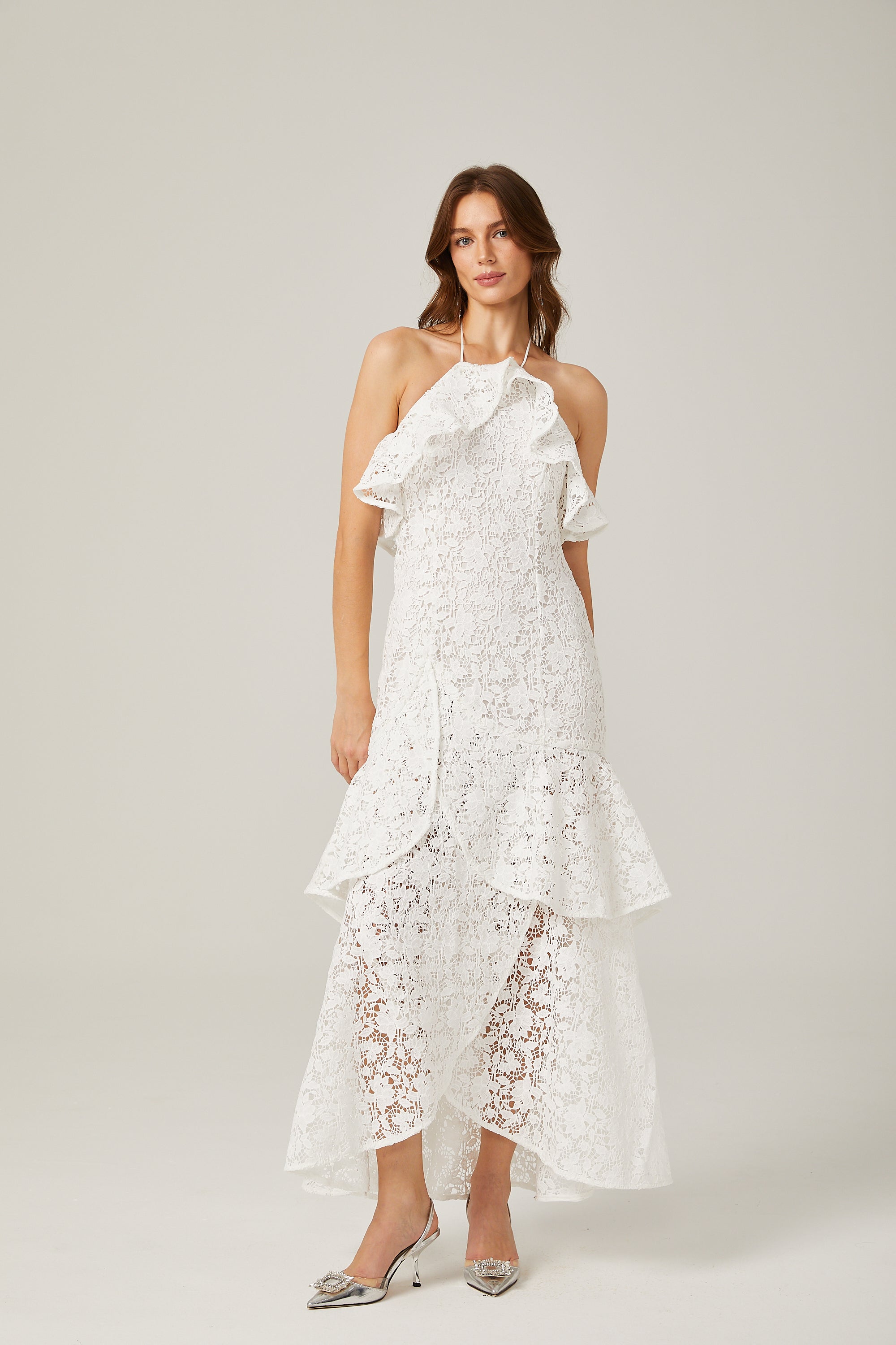 Sancia white ruffled guipure lace maxi dress