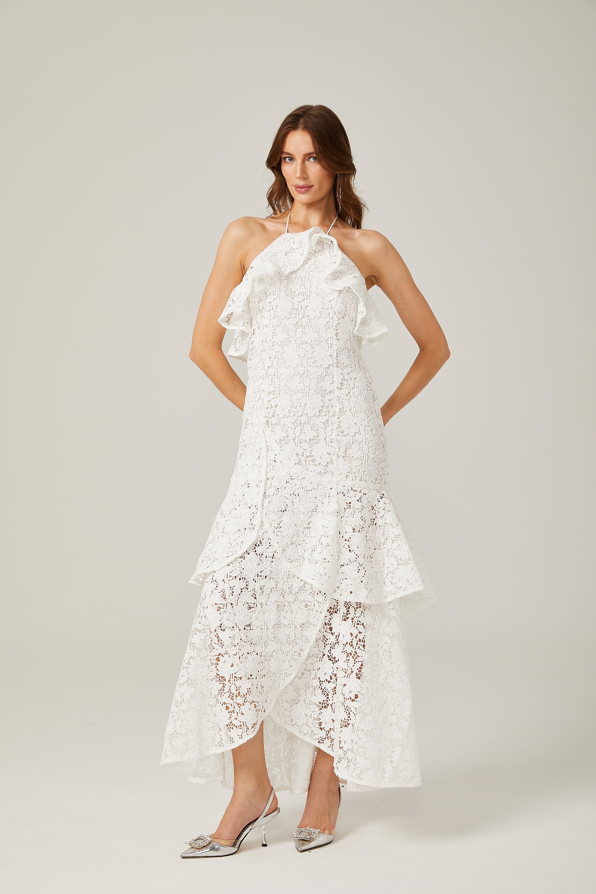Sancia white ruffled guipure lace maxi dress