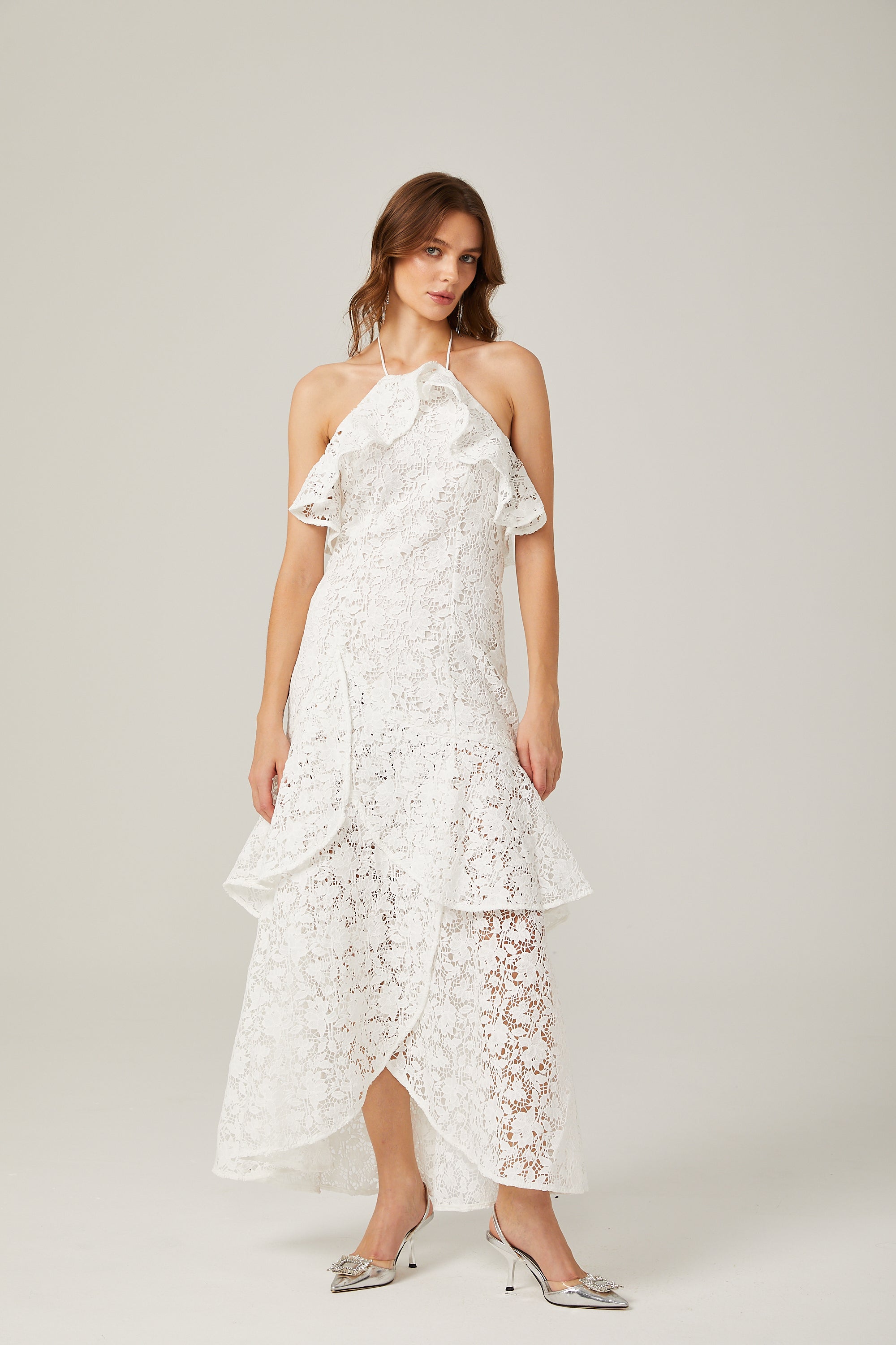 Sancia white ruffled guipure lace maxi dress