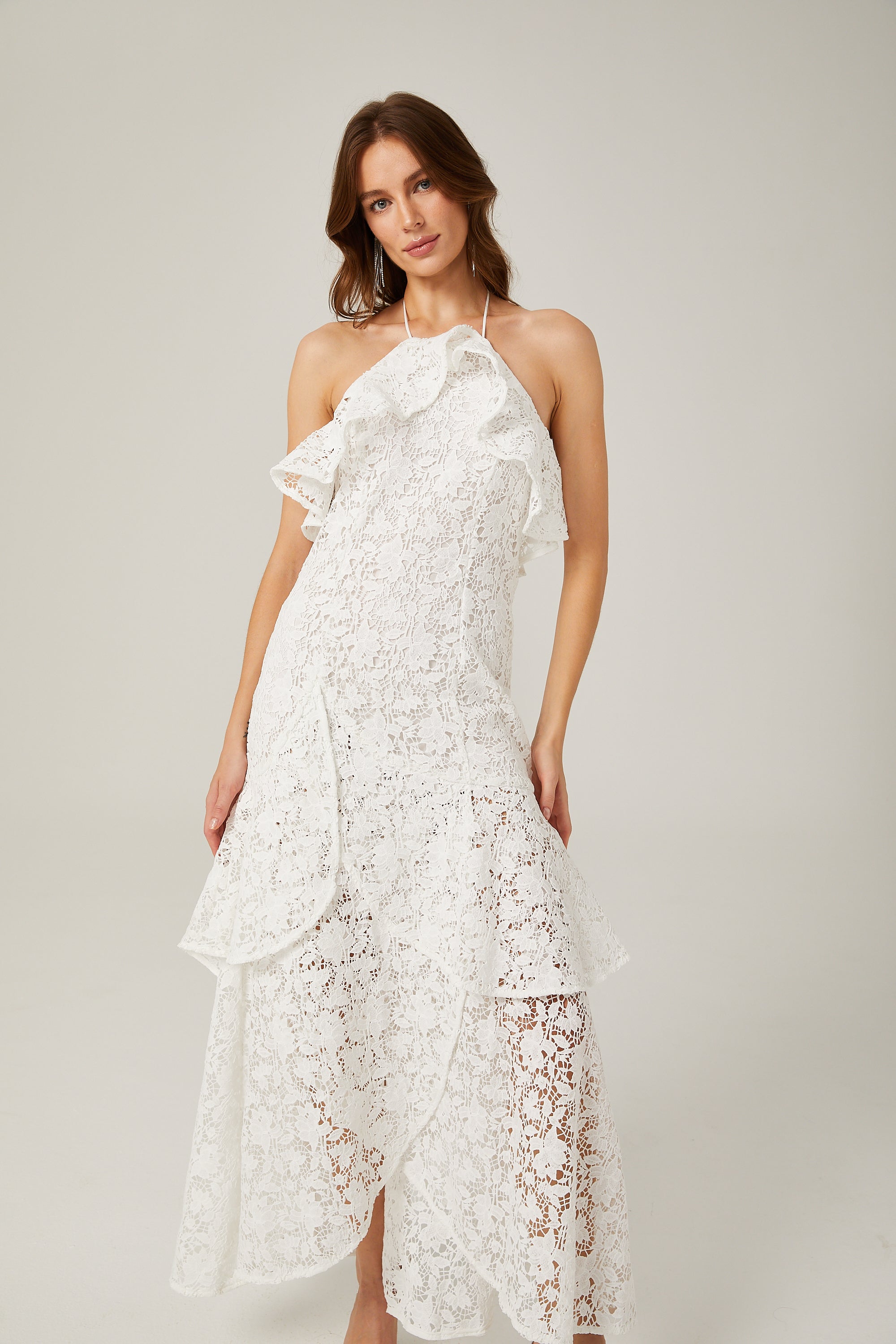Sancia white ruffled guipure lace maxi dress